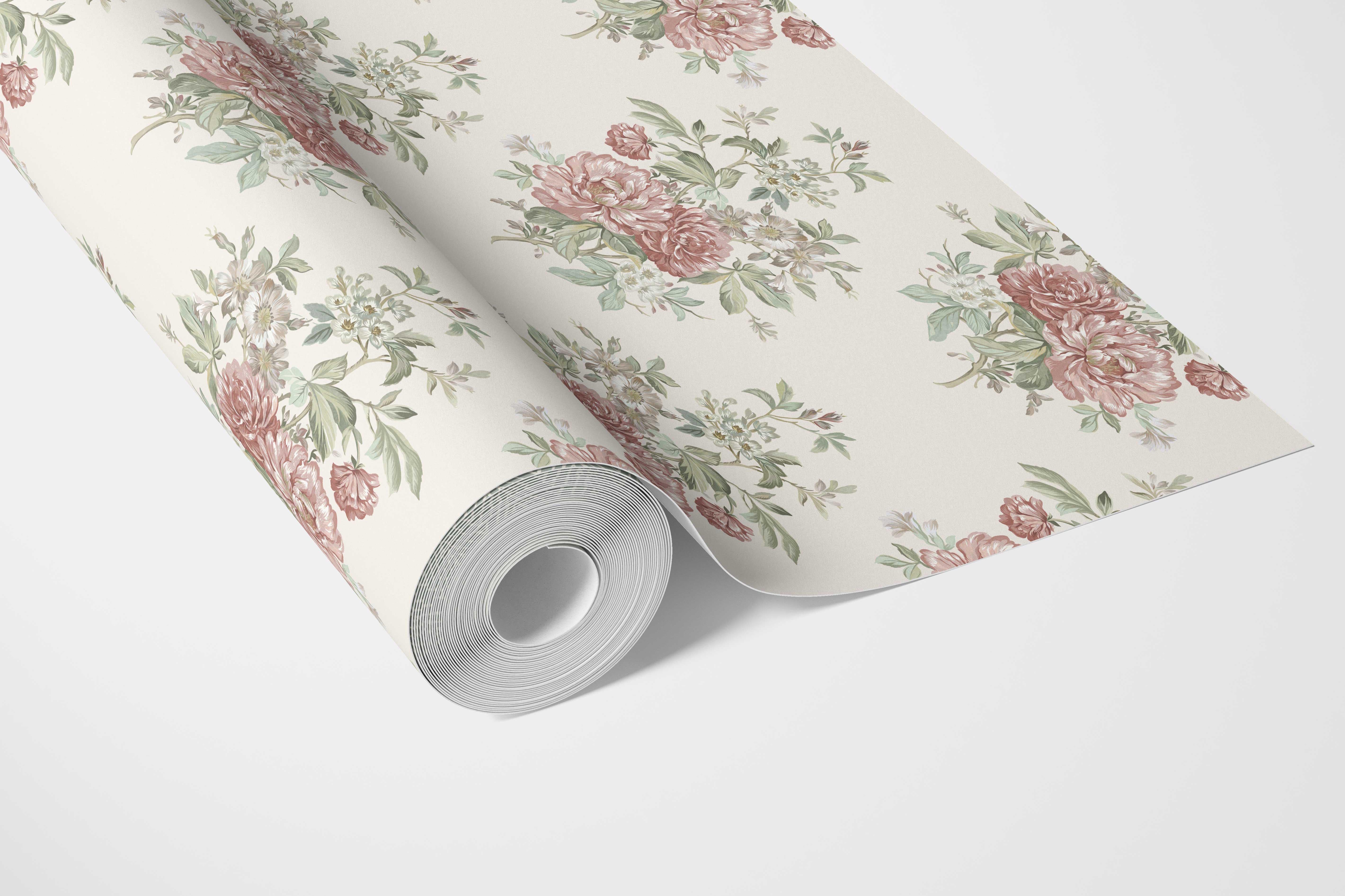 Floral Block Print Bathroom Wallpaper Sample (Cream/ Red/ Leaf Green)