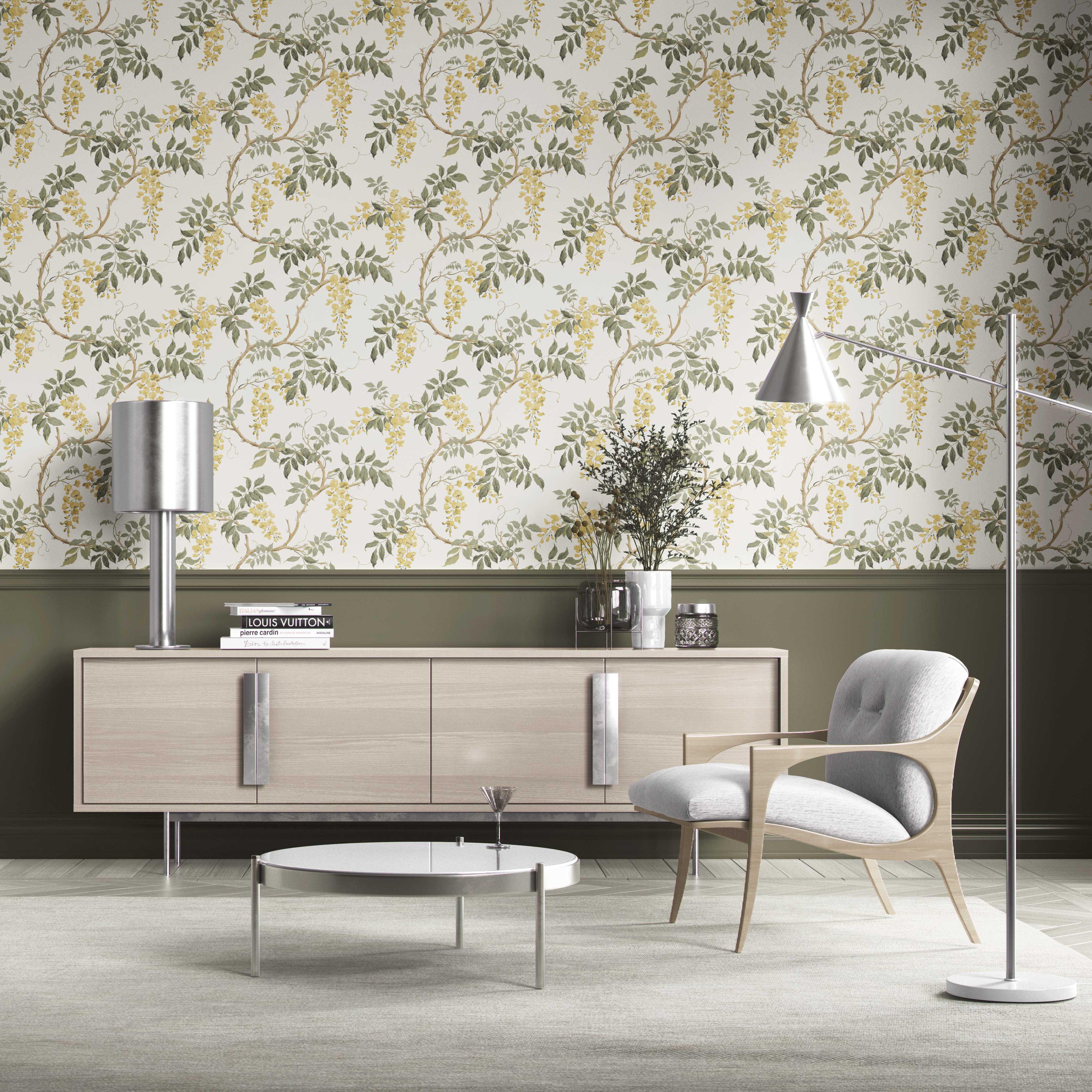 Floral Vine/ Botanical Patterned Kitchen Wallpaper (Cream/ Yellow/ Green)