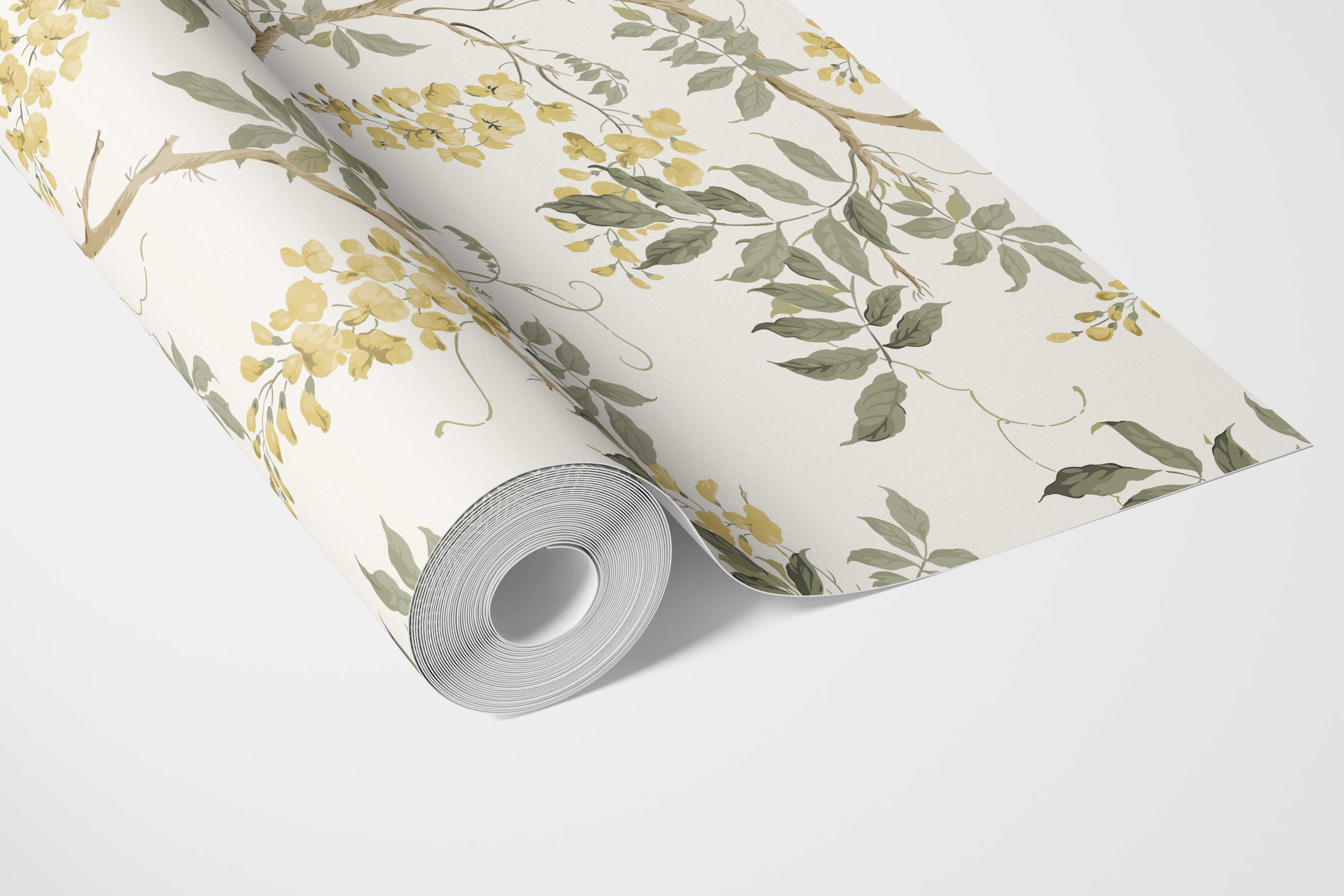 Floral Vine/ Botanical Patterned Bathroom Wallpaper (Cream/ Yellow/ Green)