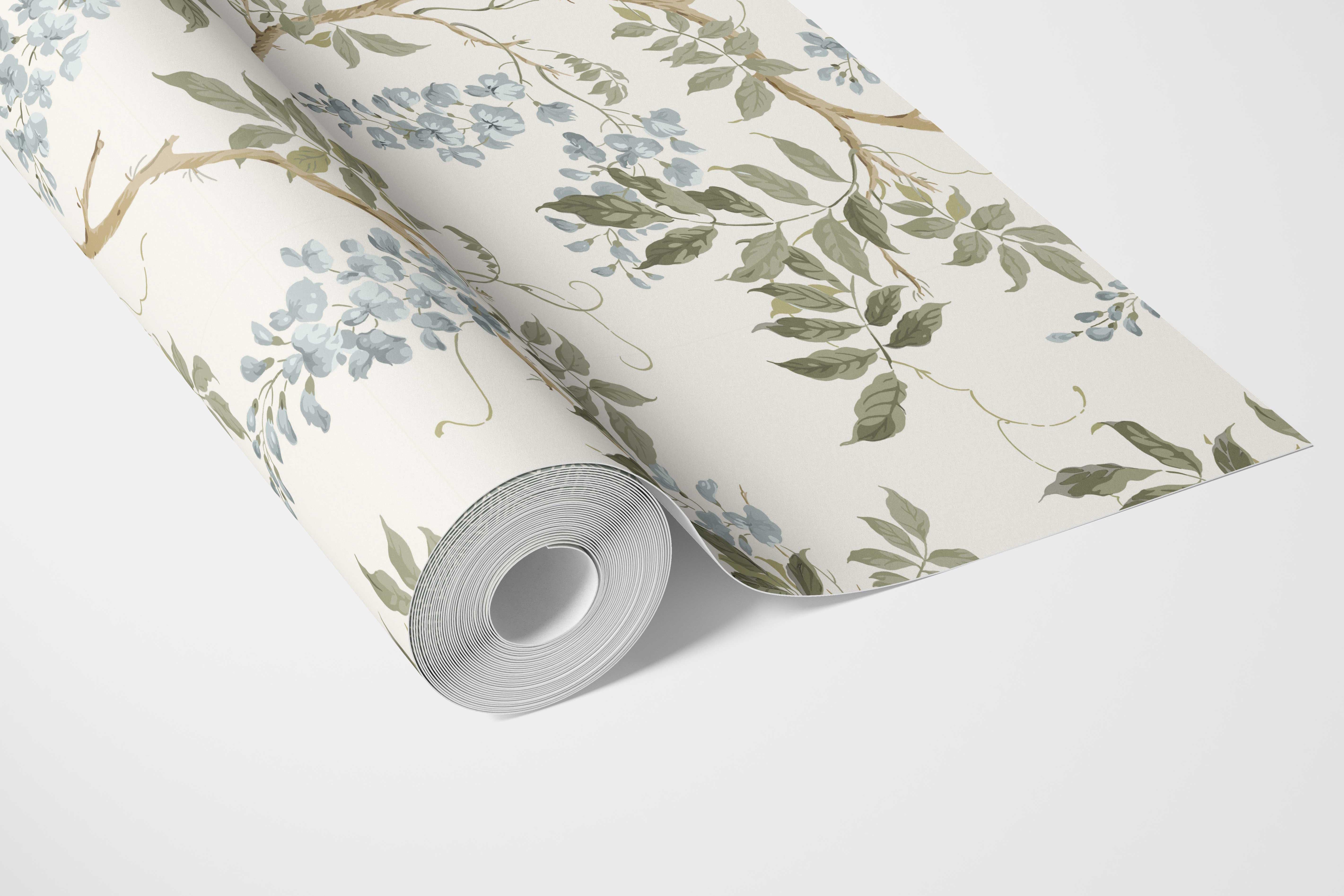 Floral Vine/ Botanical Patterned Bathroom Wallpaper Sample (Cream/ Duck Egg Blue/ Green)