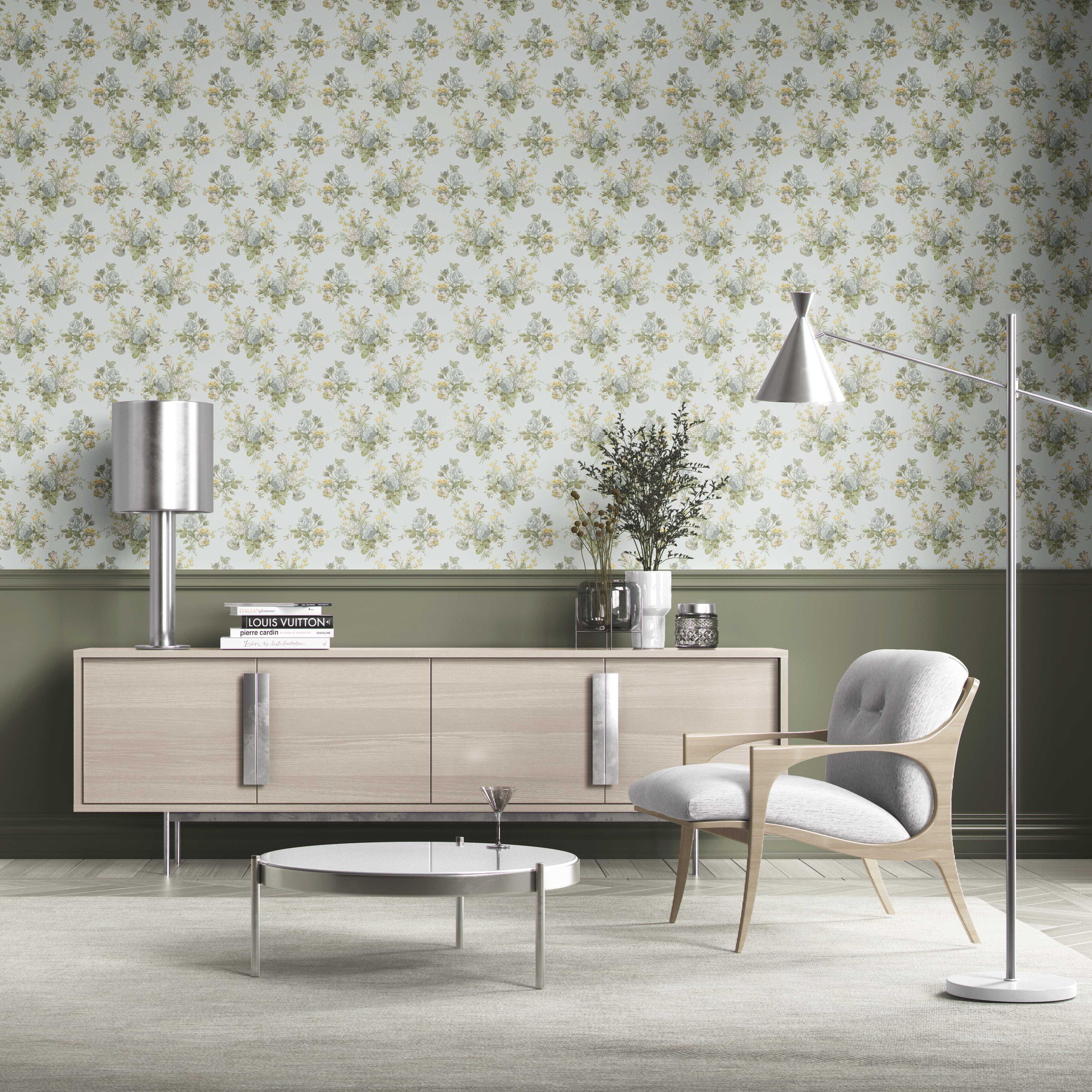 Patterned Floral Block Print Kitchen Wallpaper (Blue/ Green/ Yellow)