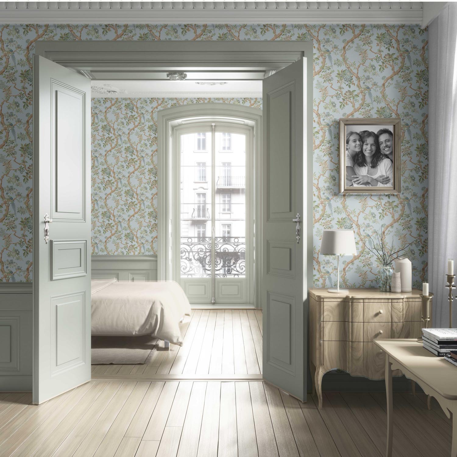Floral/ Bird Print Chinoiserie Living Room Wallpaper Sample (Duck Egg Blue/ Green/ Brown)