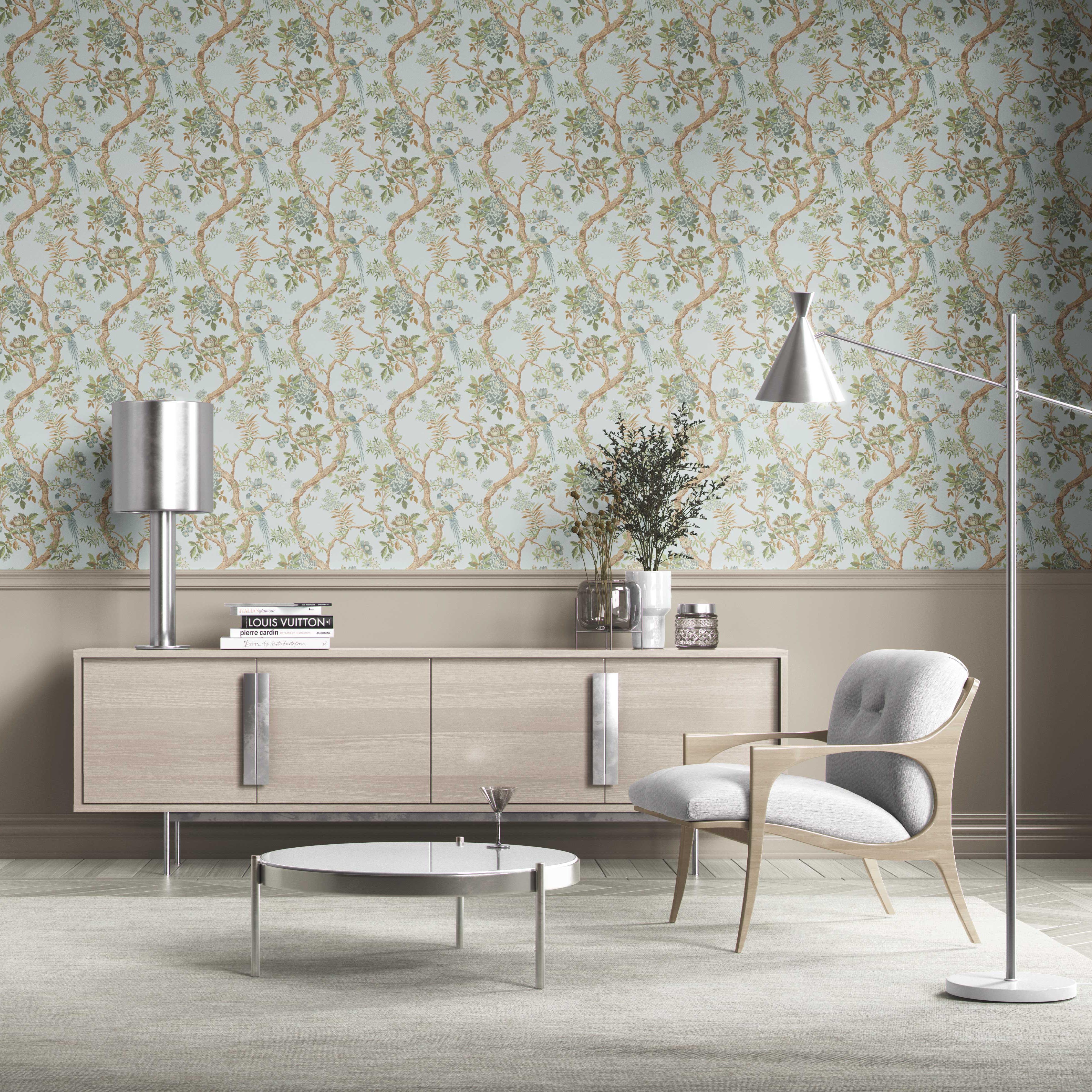Floral/ Bird Print Chinoiserie Kitchen Wallpaper (Duck Egg Blue/ Green/ Brown)