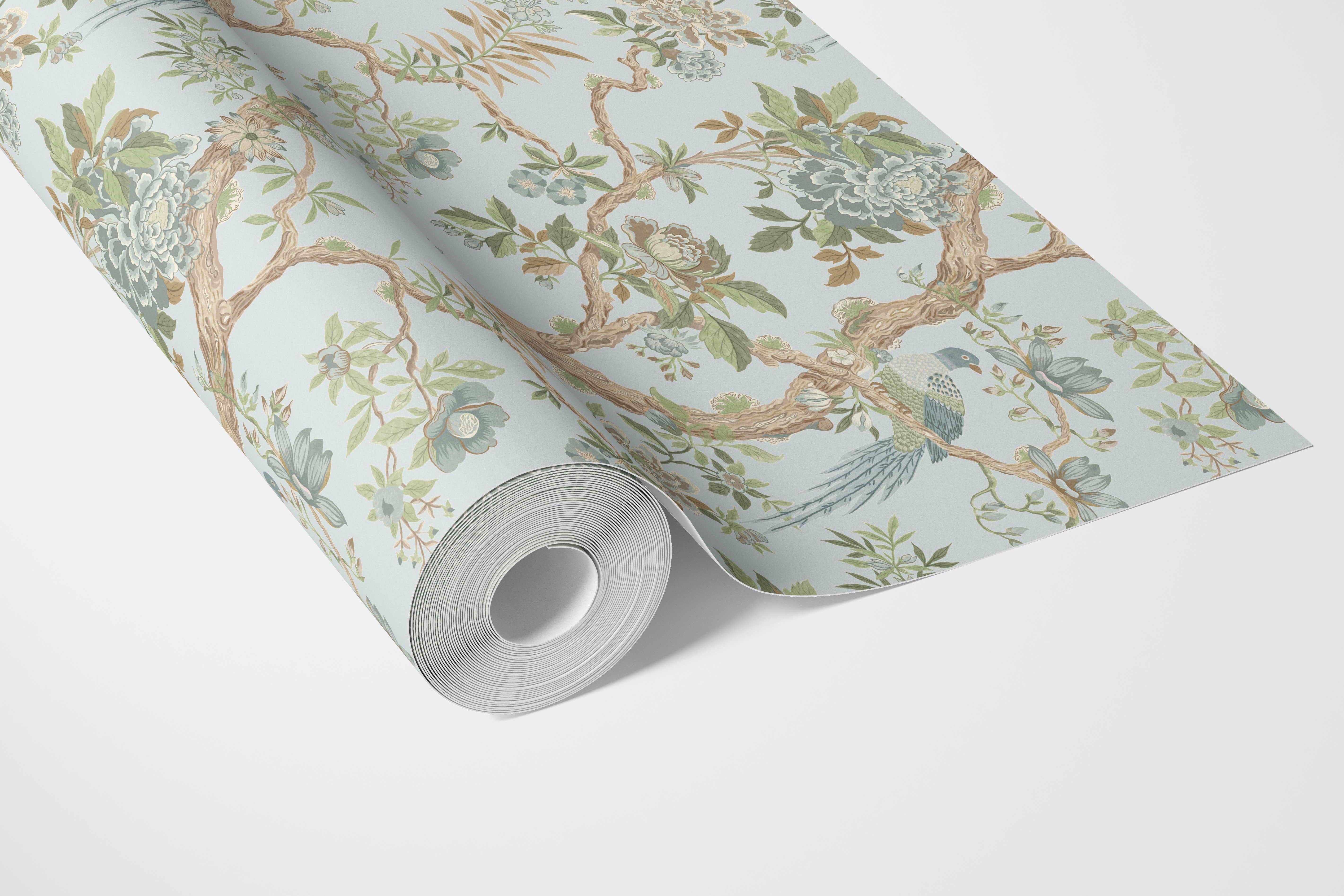 Floral/ Bird Print Chinoiserie Bathroom Wallpaper Sample (Duck Egg Blue/ Green/ Brown)