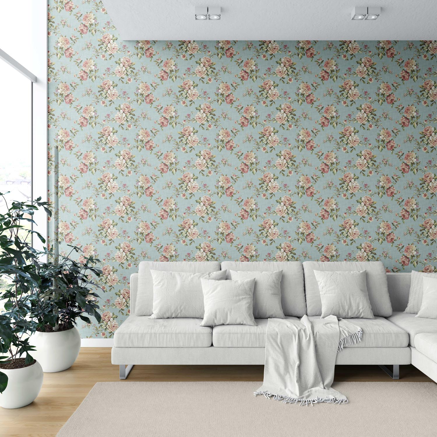 English Floral Patterned Shower Toilet Wallpaper Sample (Blue/ Pink/ Green)