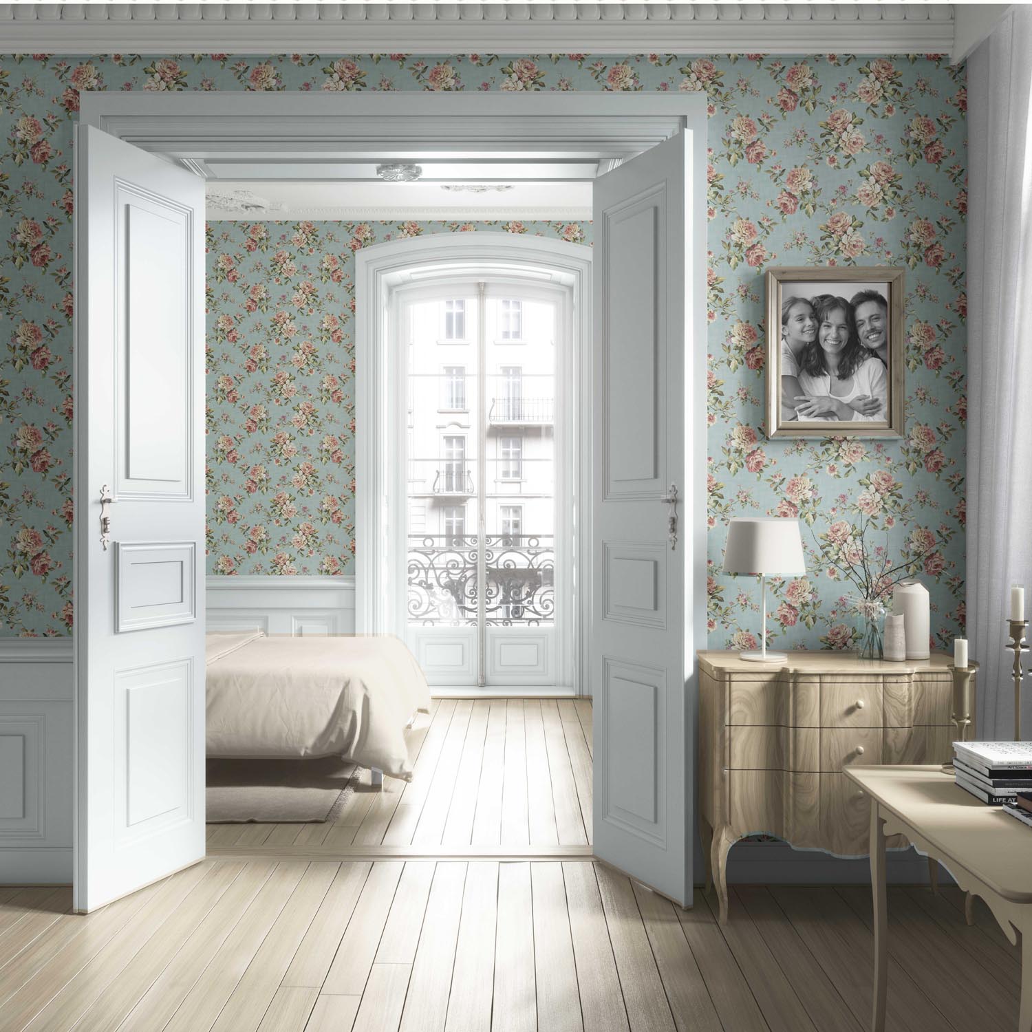 English Floral Patterned Living Room Wallpaper Sample (Blue/ Pink/ Green)