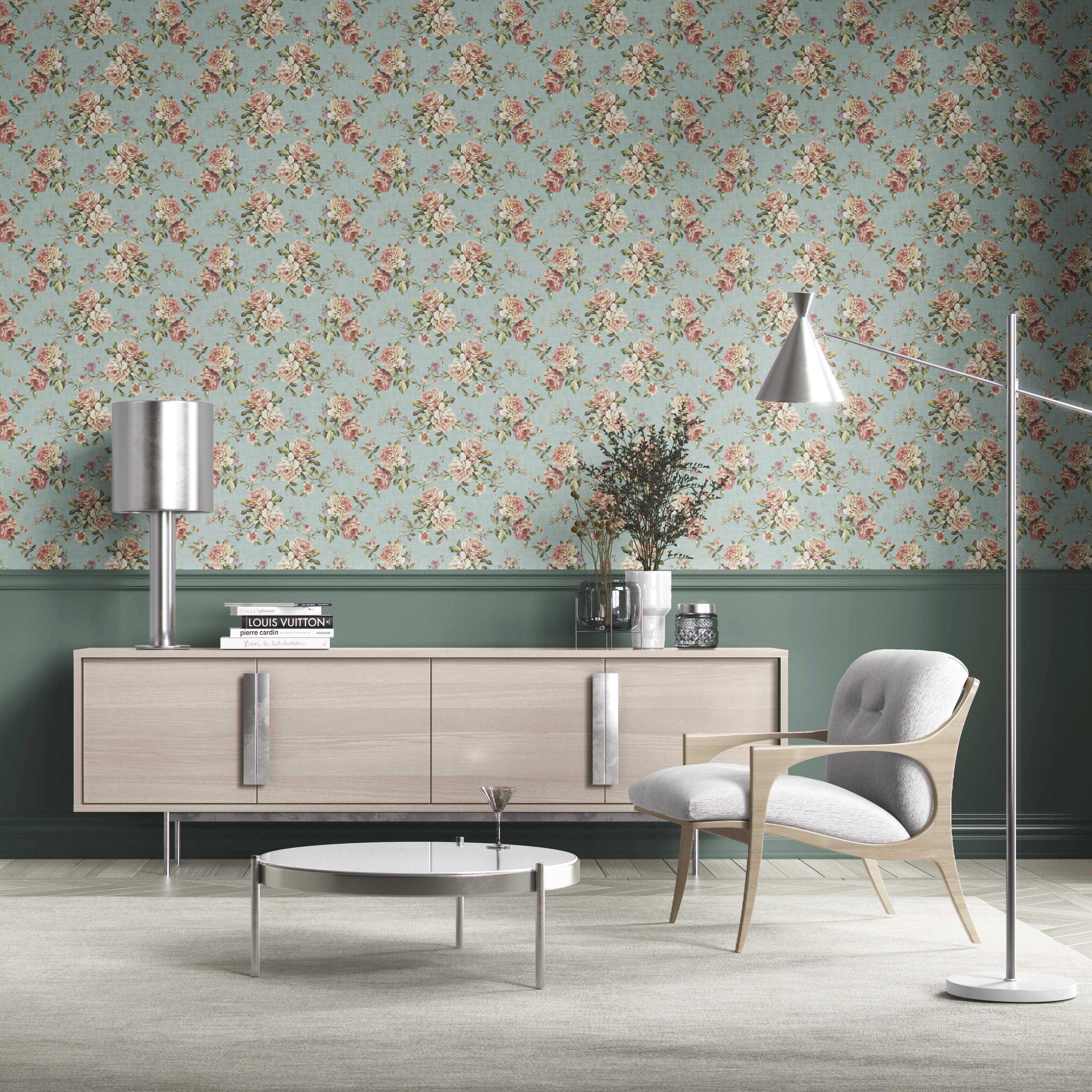 English Floral Patterned Kitchen Wallpaper Sample (Blue/ Pink/ Green)