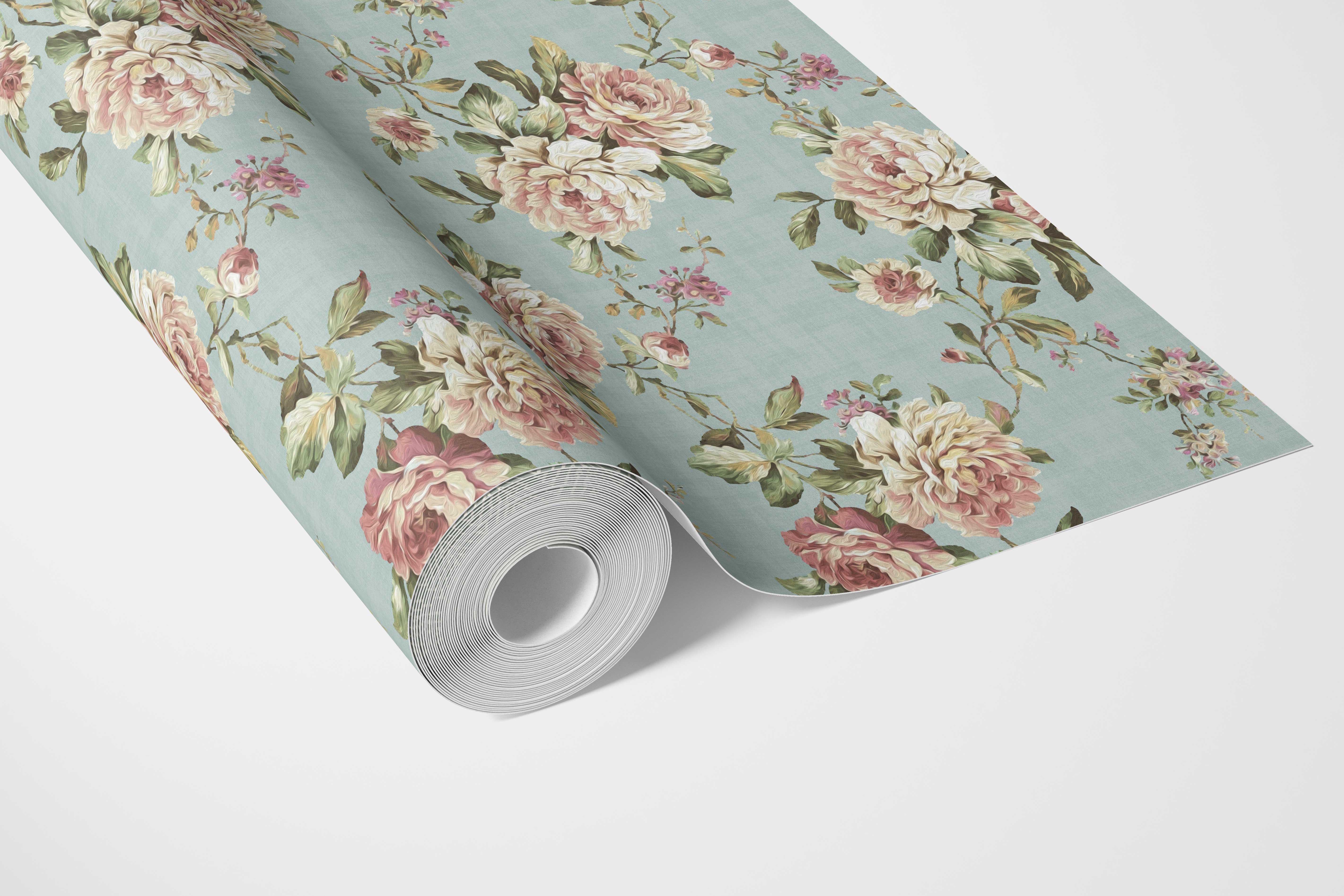 English Floral Patterned Bathroom Wallpaper (Blue/ Pink/ Green)