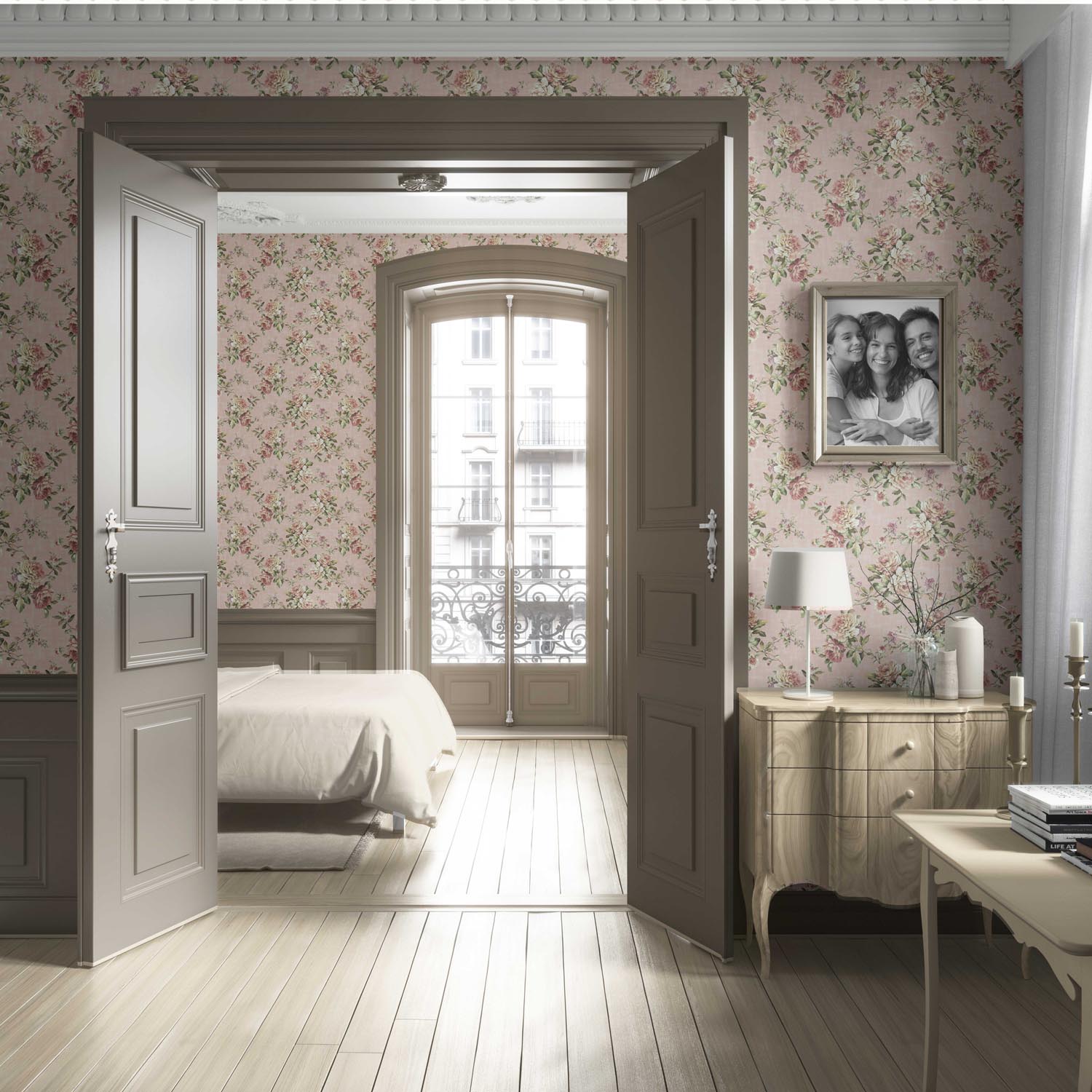 English Floral Patterned Living Room Wallpaper Sample (Dusty Rose Pink/ Green)