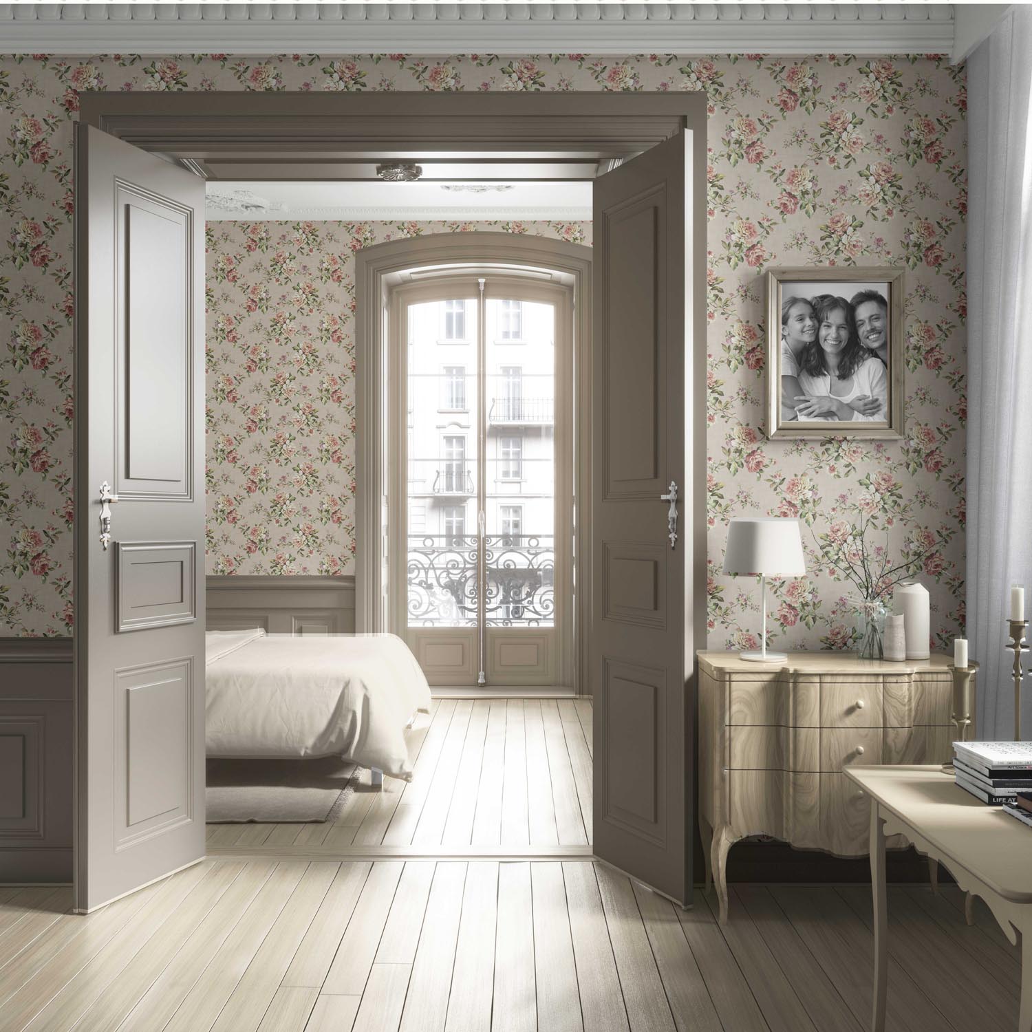 English Floral Patterned Living Room Wallpaper Sample (Beige/ Warm Gray/ Pink/ Green)