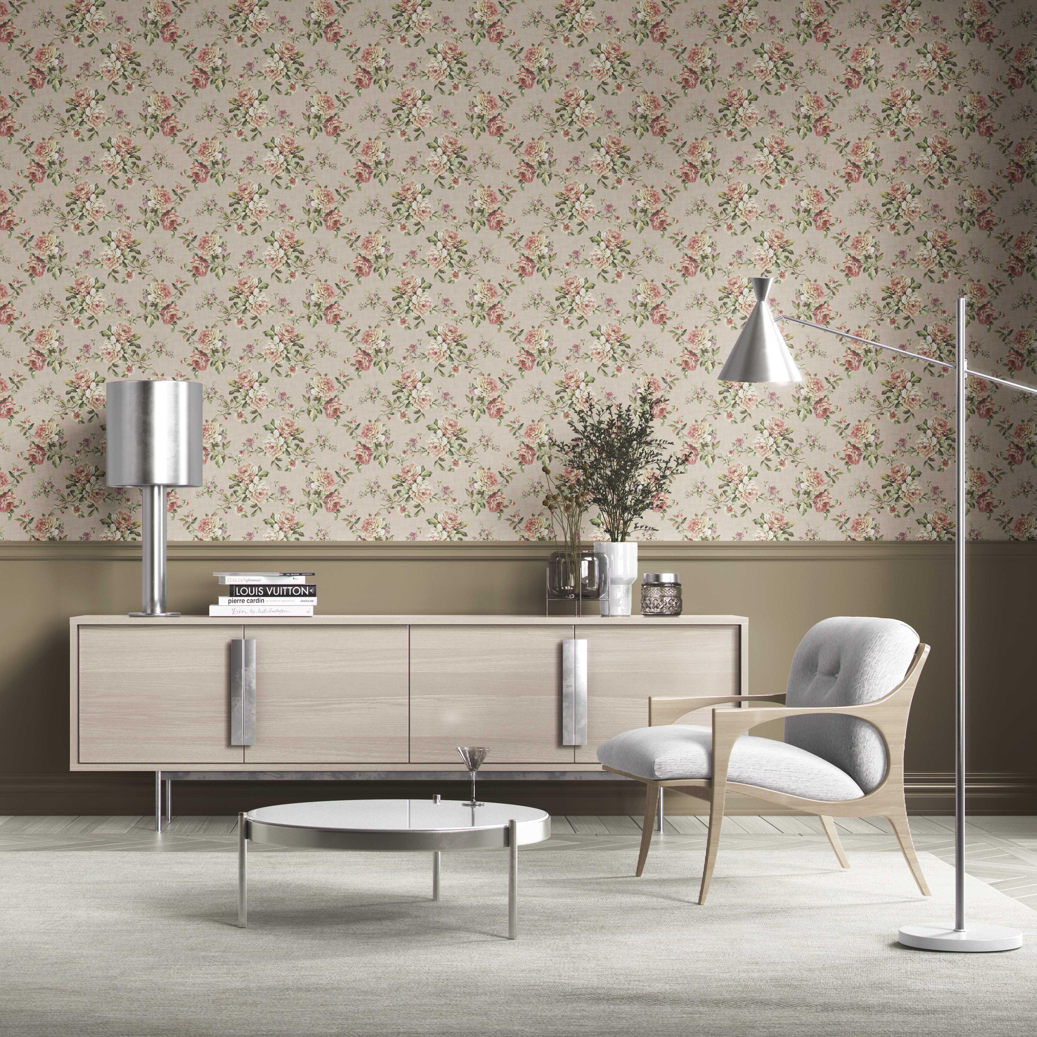 English Floral Patterned Kitchen Wallpaper (Beige/ Warm Gray/ Pink/ Green)