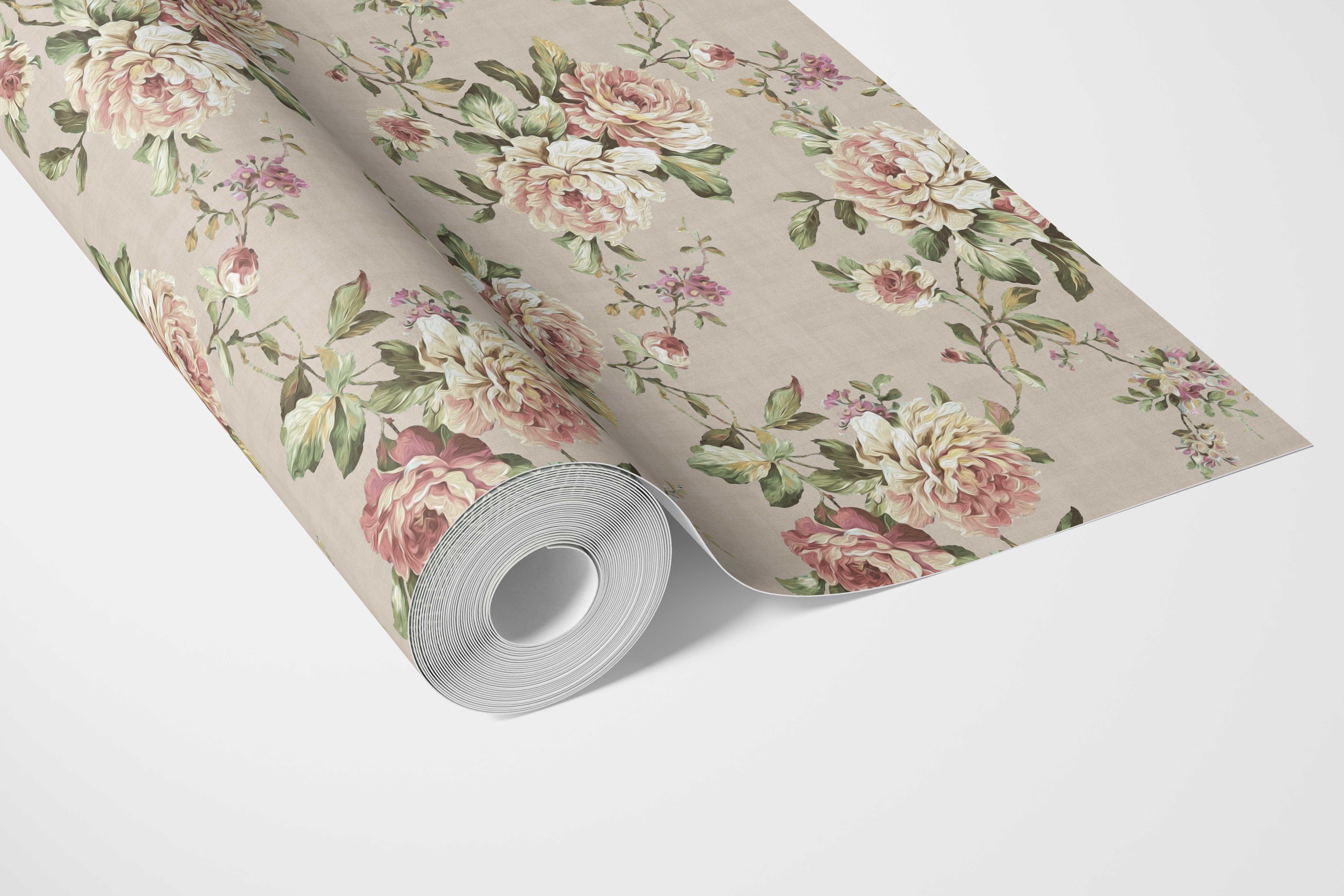 English Floral Patterned Bathroom Wallpaper Sample (Beige/ Warm Gray/ Pink/ Green)