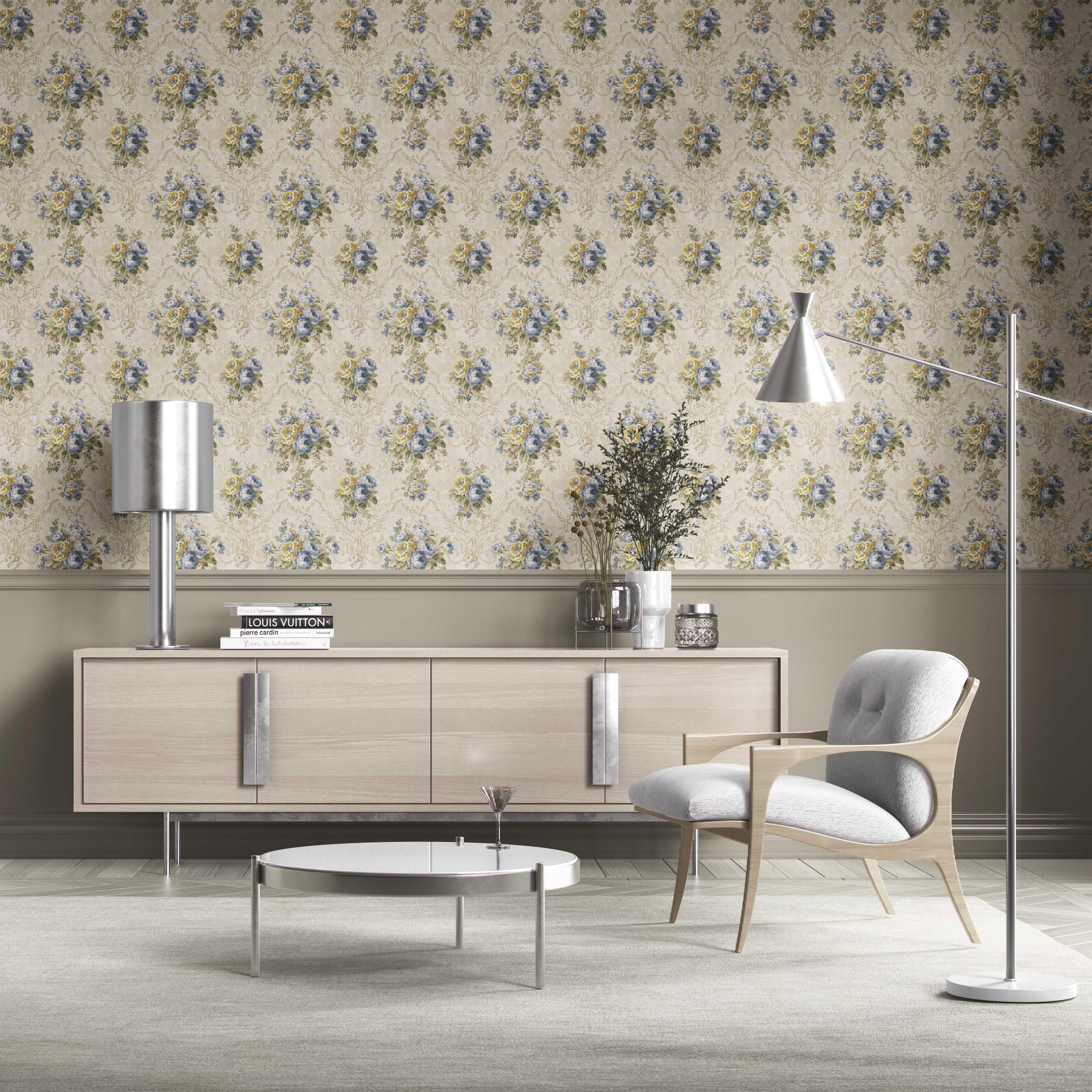 Floral Damask Patterned Kitchen Wallpaper Sample (Beige/ Blue/ Yellow/ Green/ Taupe)