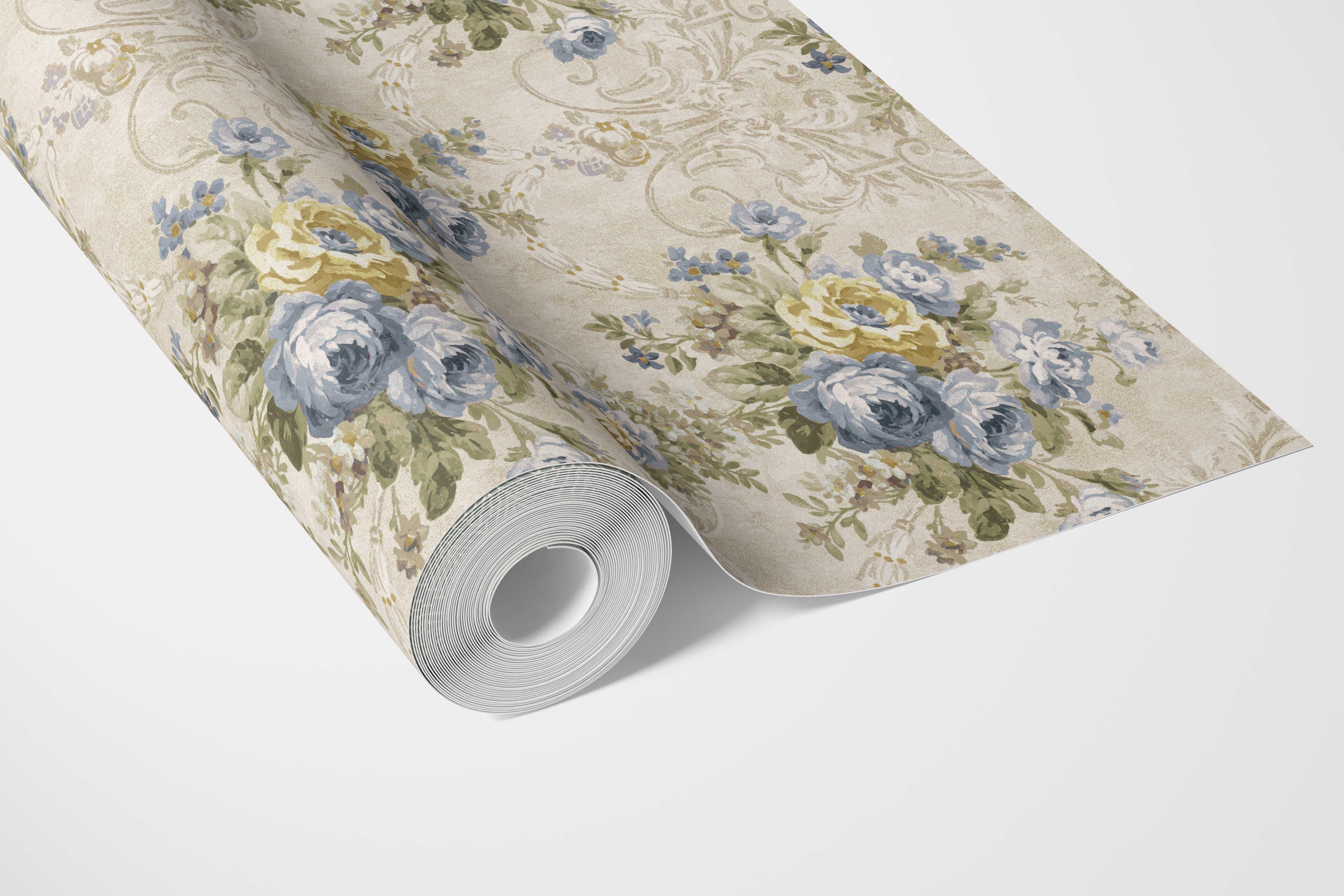 Floral Damask Patterned Bathroom Wallpaper Sample (Beige/ Blue/ Yellow/ Green/ Taupe)