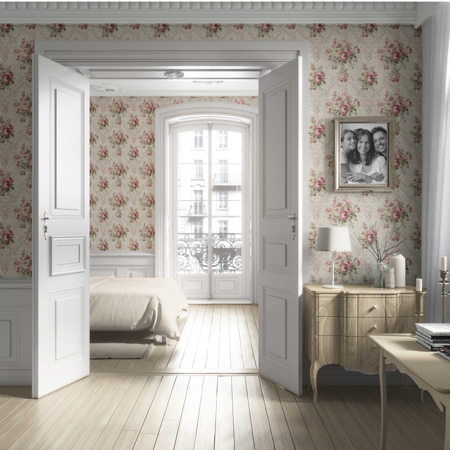 Floral Damask Patterned Living Room Wallpaper Sample (Beige/ Pink/ Green)