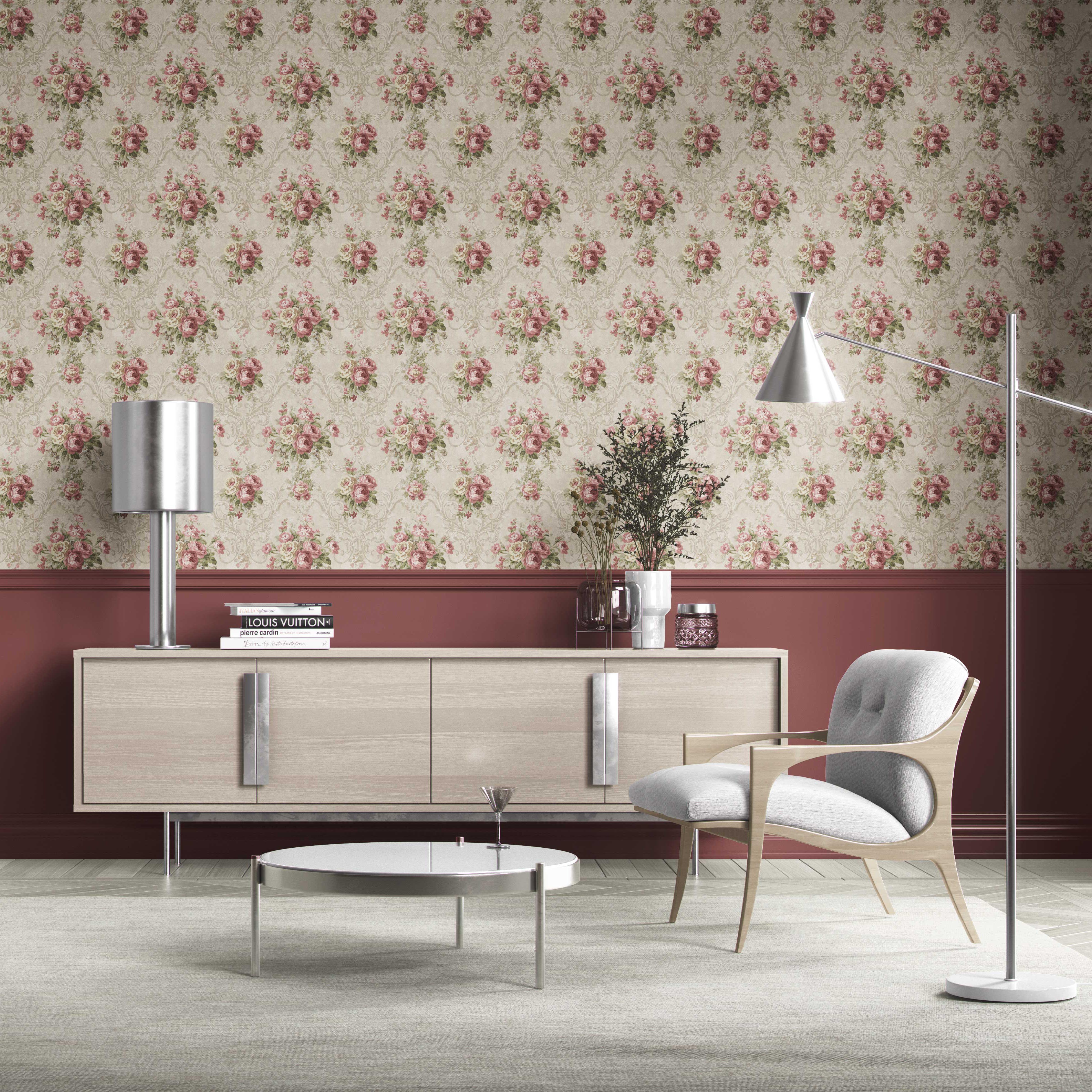 Floral Damask Patterned Kitchen Wallpaper Sample (Beige/ Pink/ Green)