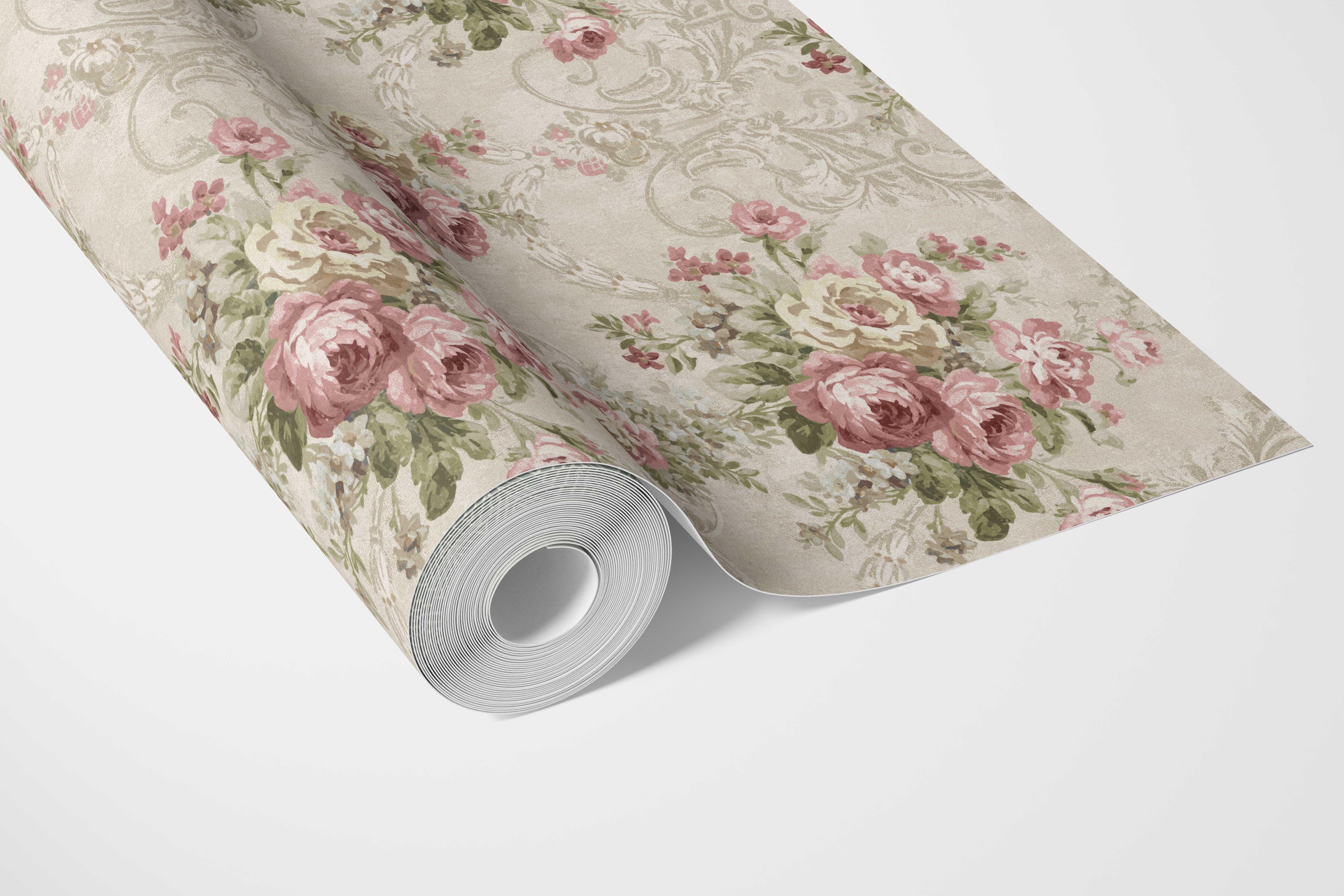 Floral Damask Patterned Bathroom Wallpaper (Beige/ Pink/ Green)