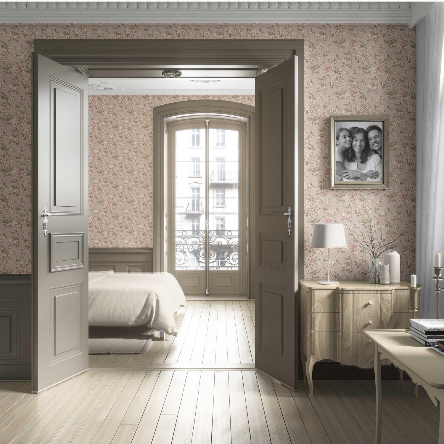 Chinoiserie/ English Floral Living Room Wallpaper Sample (Light Pink/ Peach/ Cream/ Green)