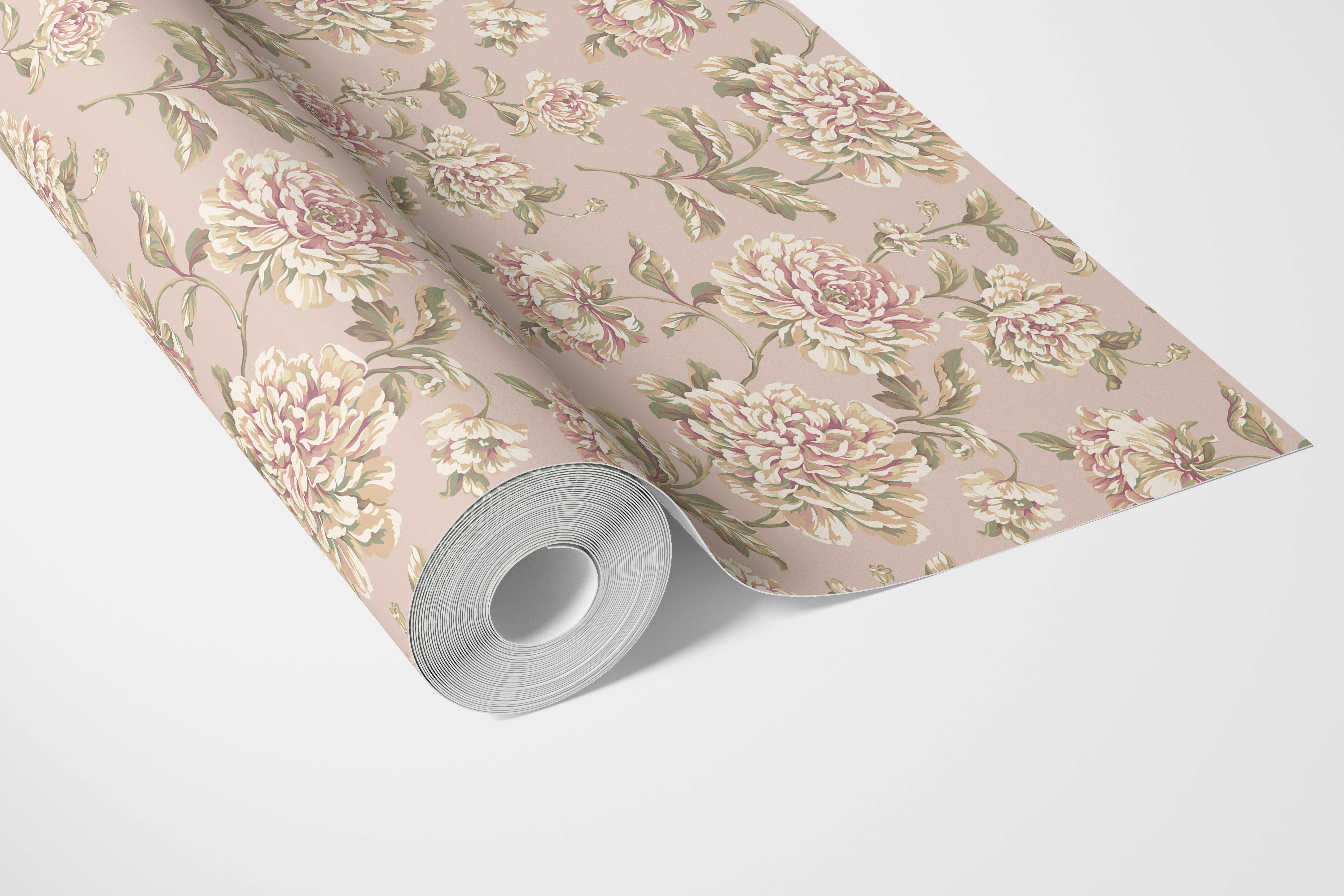 Chinoiserie/ English Floral Bathroom Wallpaper Sample (Light Pink/ Peach/ Cream/ Green)