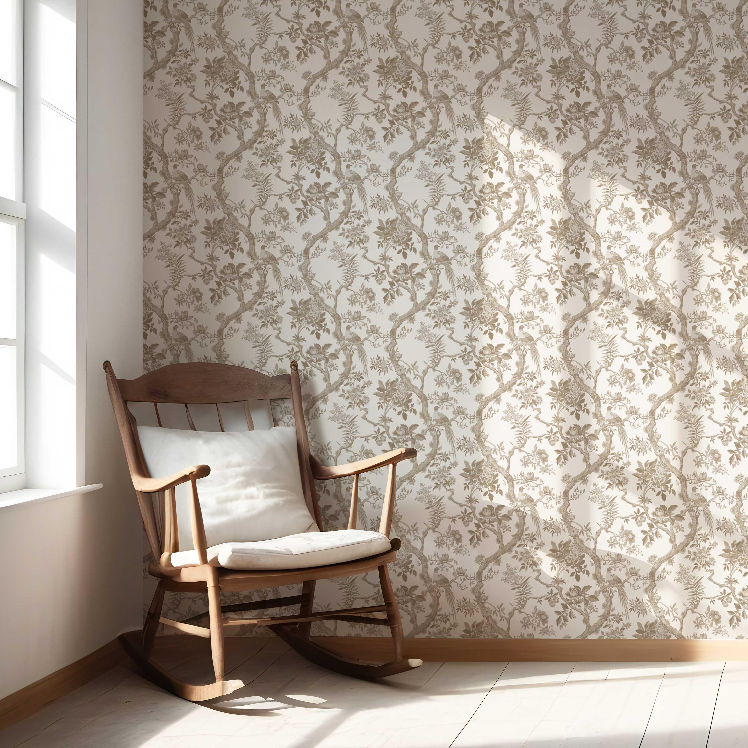 Floral Toile/ Bird Print Chinoiserie Nursery Wallpaper Sample (Beige/ Taupe/ Brown)
