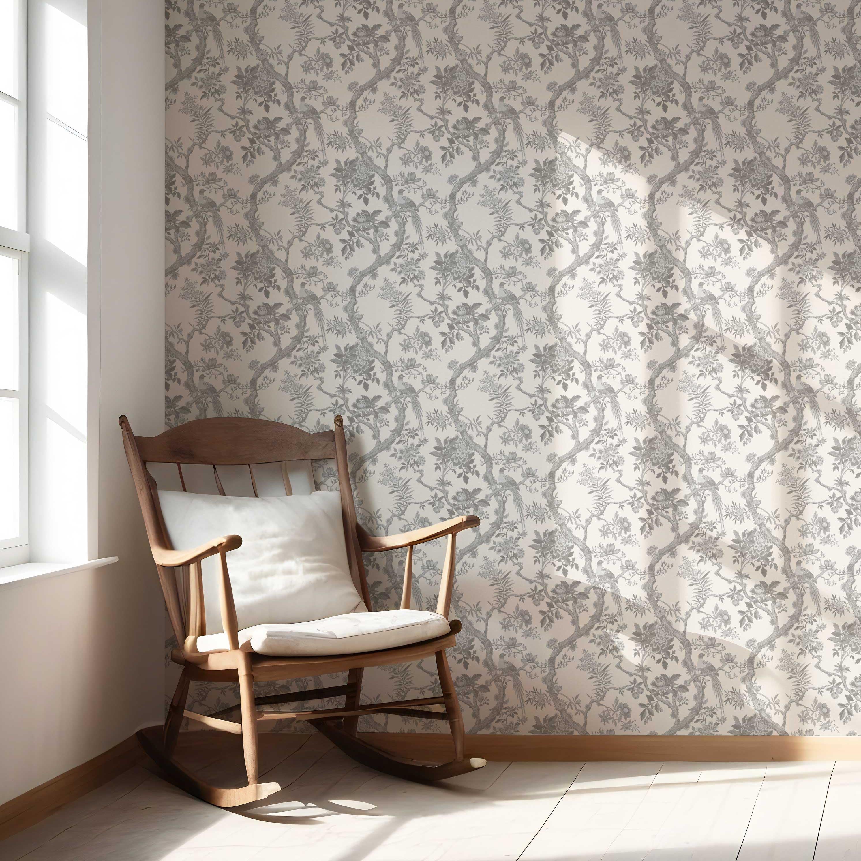 Floral Toile/ Bird Print Chinoiserie Nursery Wallpaper Sample (Dove Gray/ Off-White)