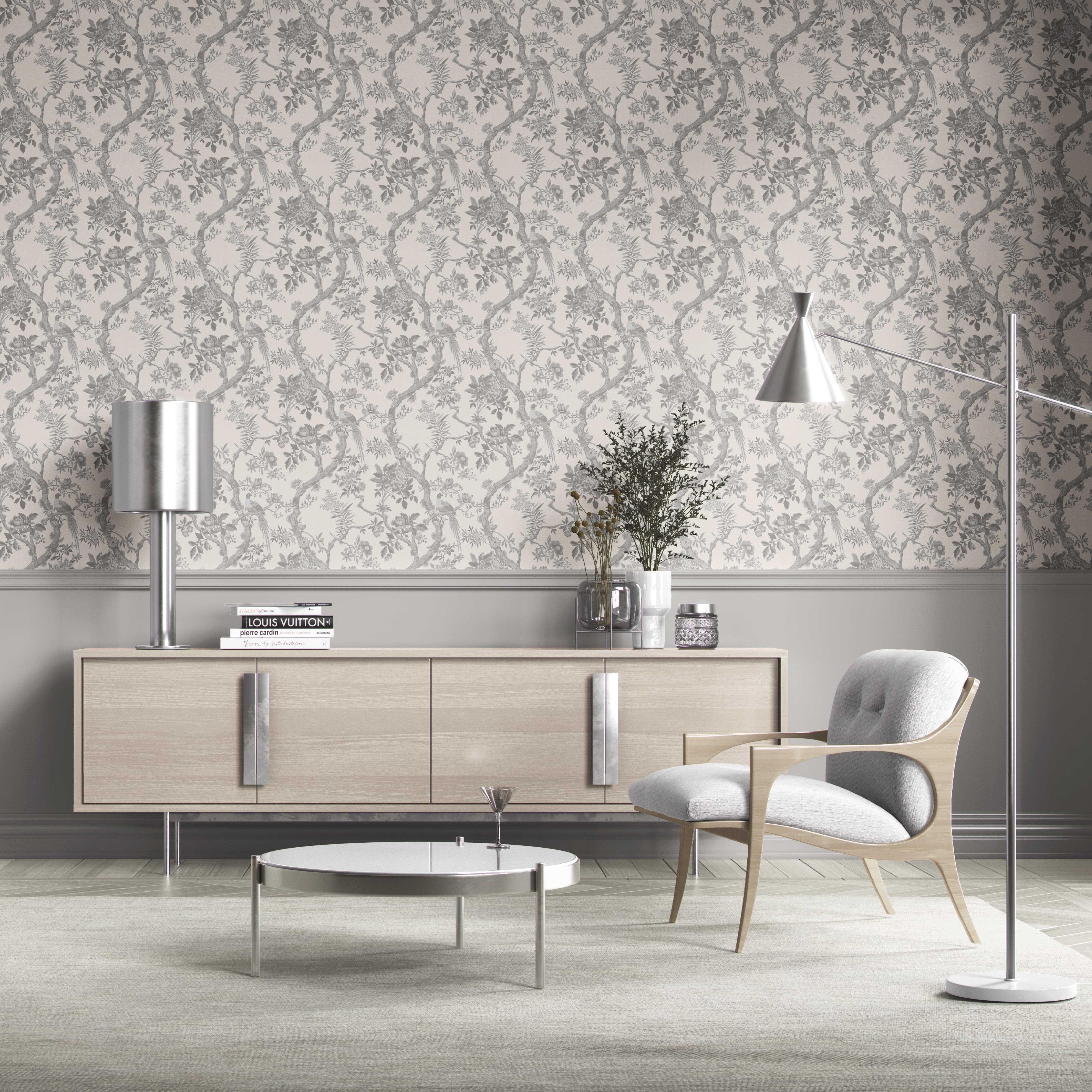 Floral Toile/ Bird Print Chinoiserie Kitchen Wallpaper Sample (Dove Gray/ Off-White)