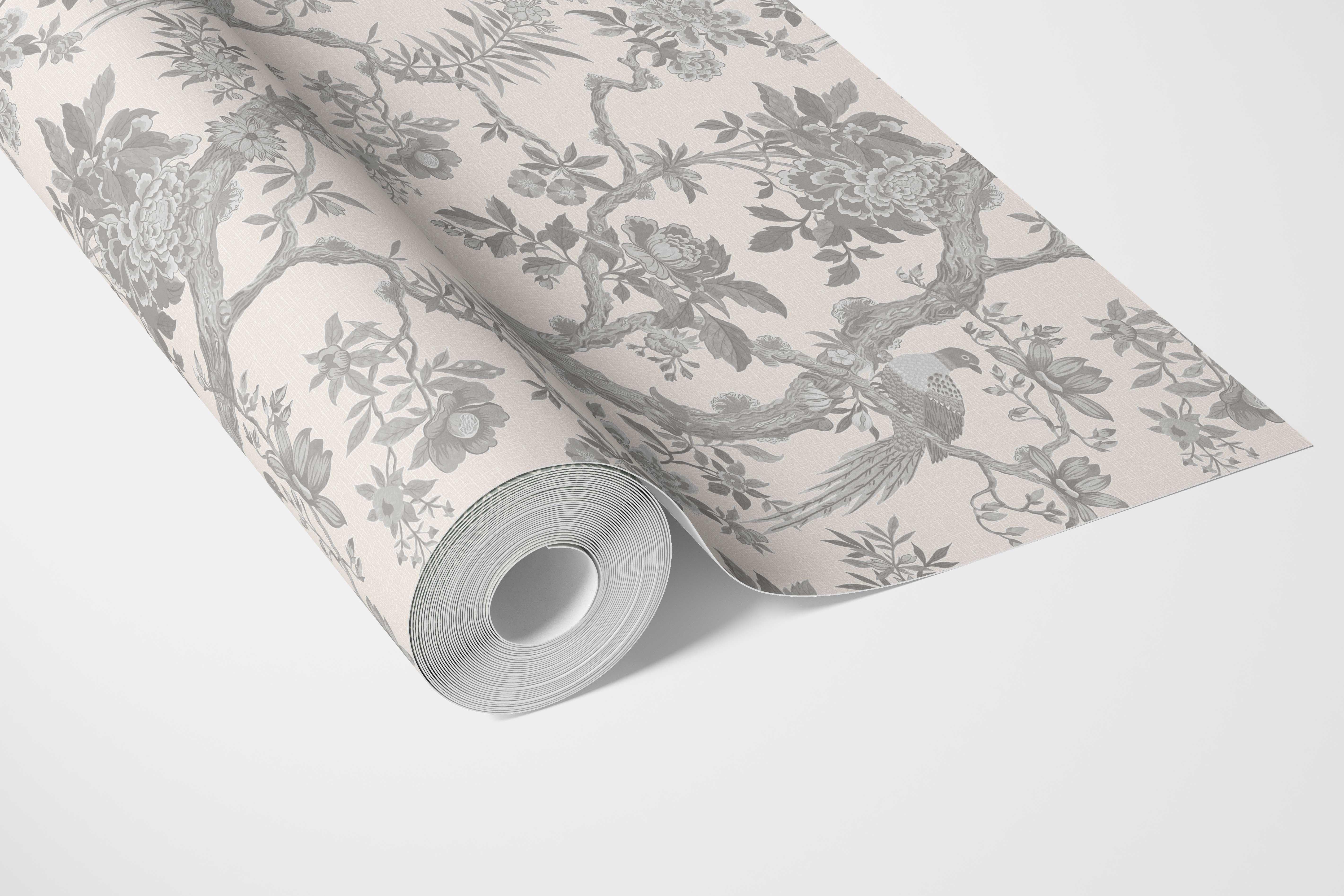 Floral Toile/ Bird Print Chinoiserie Bathroom Wallpaper (Dove Gray/ Off-White)