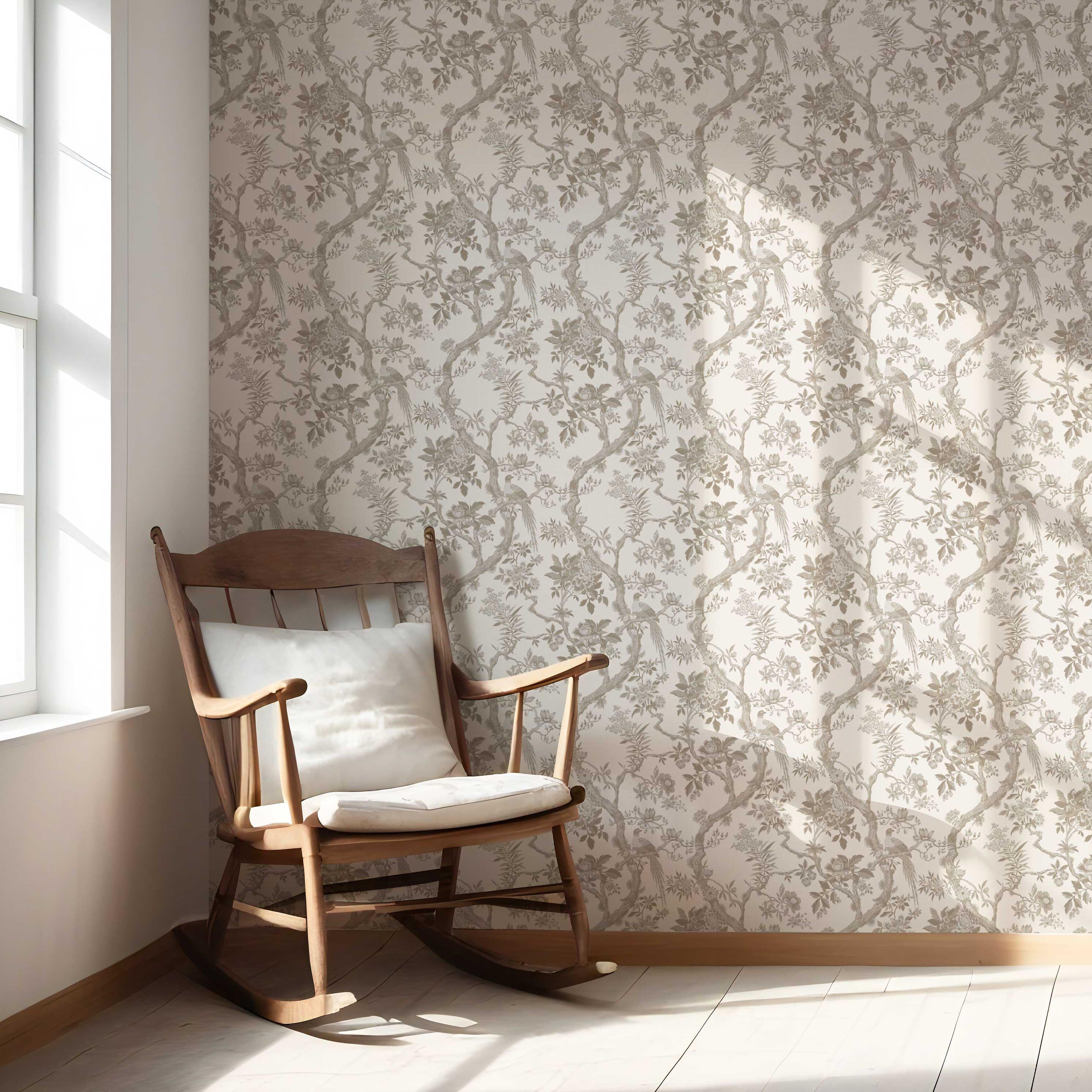 Floral Toile/ Bird Print Chinoiserie Nursery Wallpaper (Brown/ Beige/ Taupe)