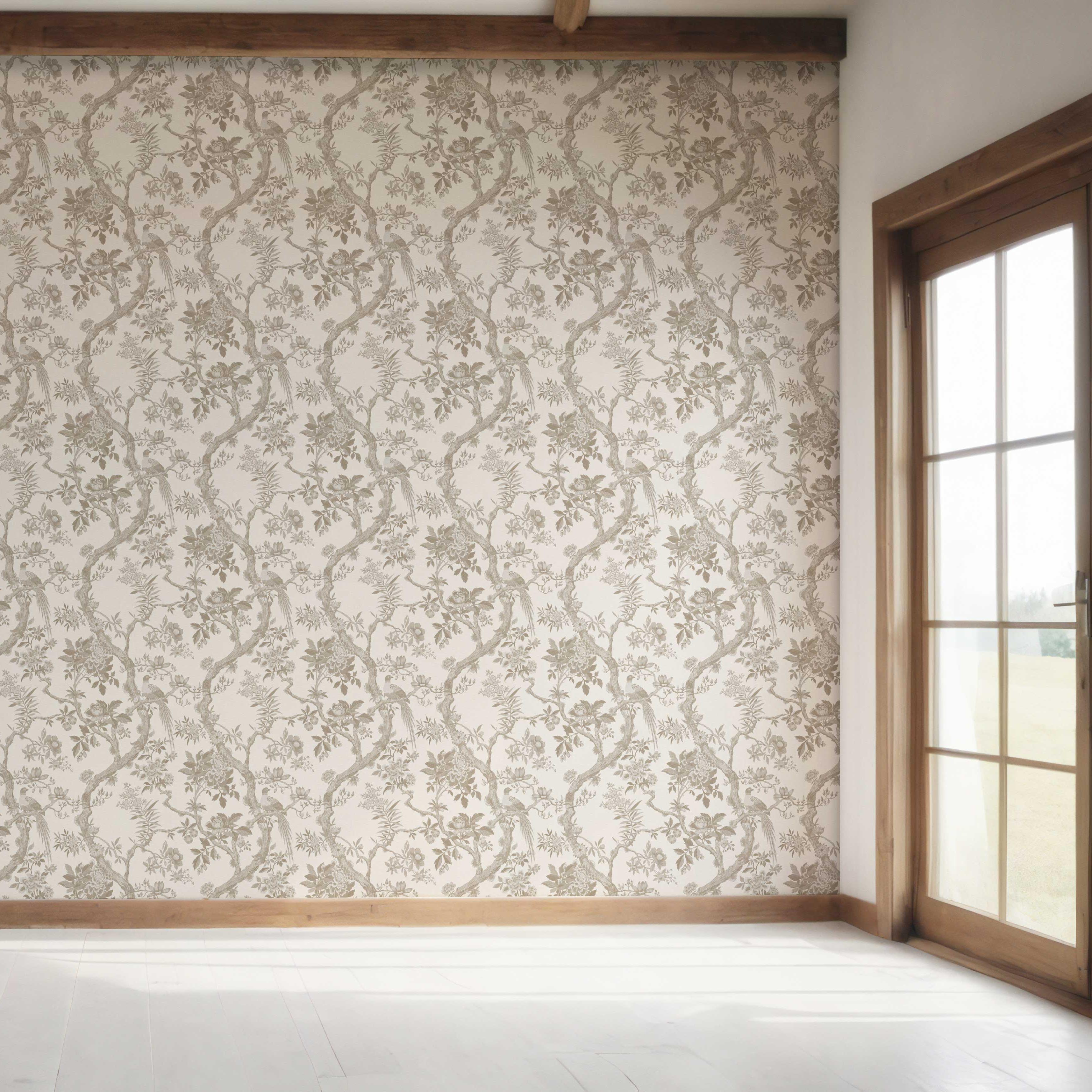 Floral Toile/ Bird Print Chinoiserie Bedroom Wallpaper Sample (Brown/ Beige/ Taupe)