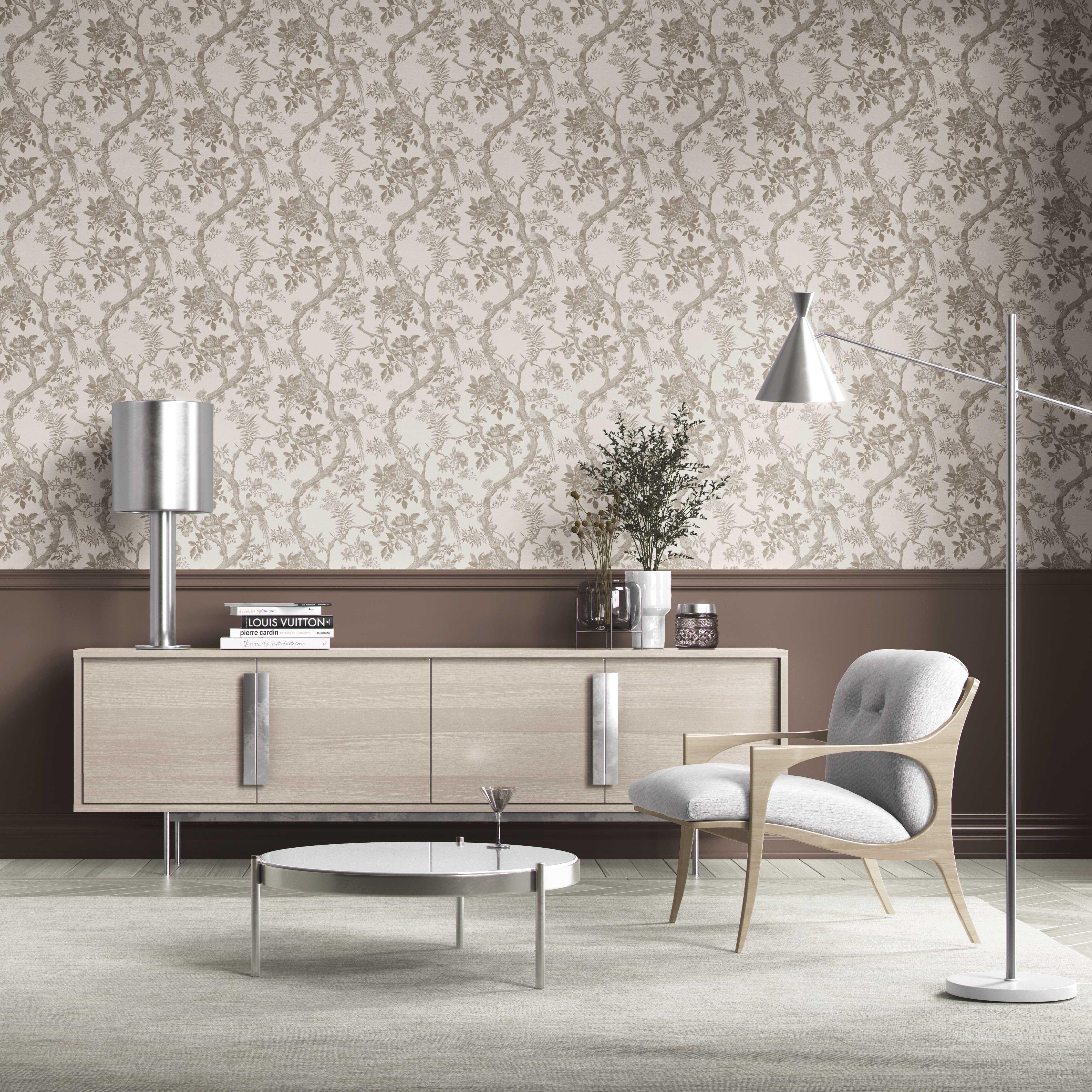 Floral Toile/ Bird Print Chinoiserie Kitchen Wallpaper Sample (Brown/ Beige/ Taupe)