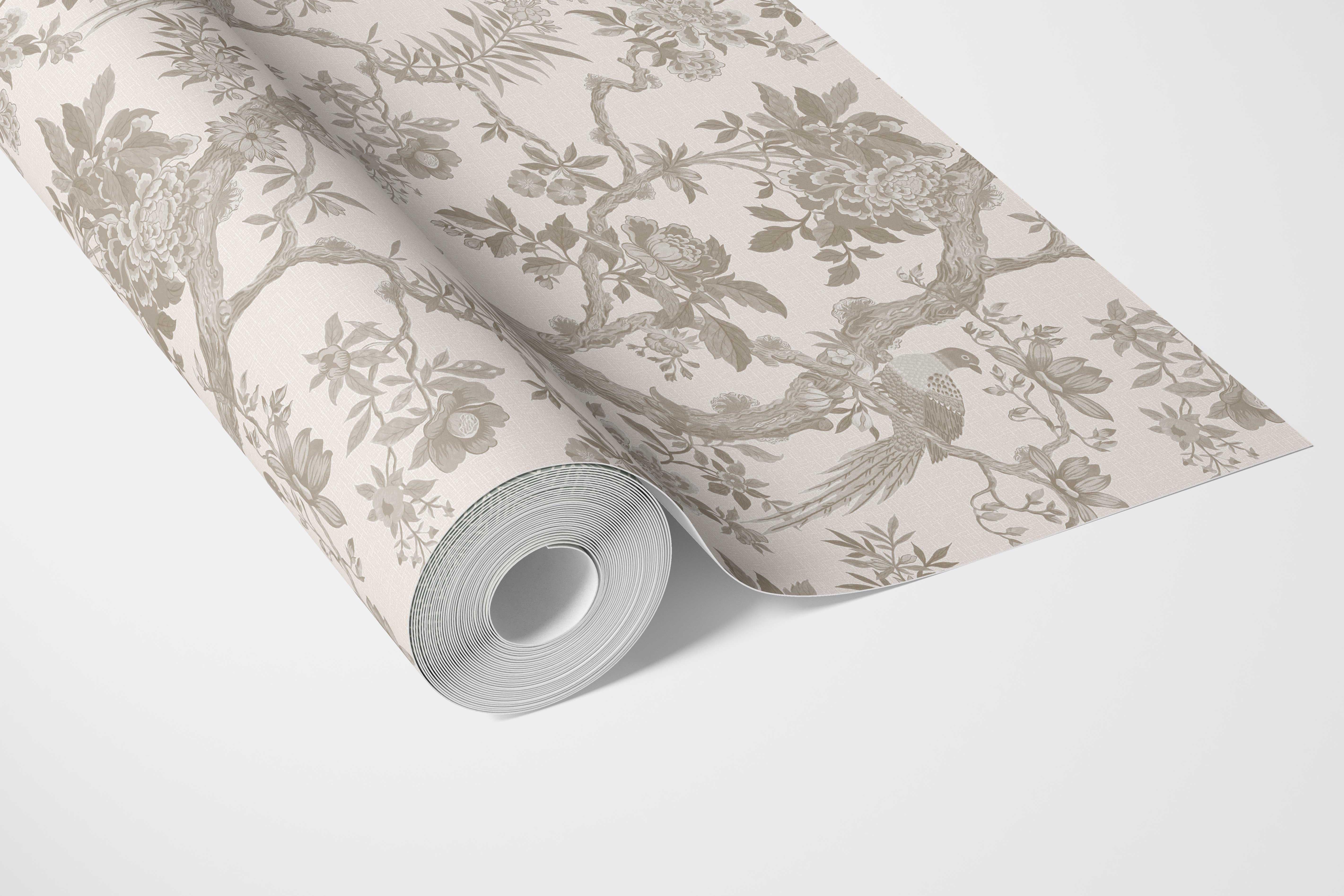 Floral Toile/ Bird Print Chinoiserie Bathroom Wallpaper (Brown/ Beige/ Taupe)