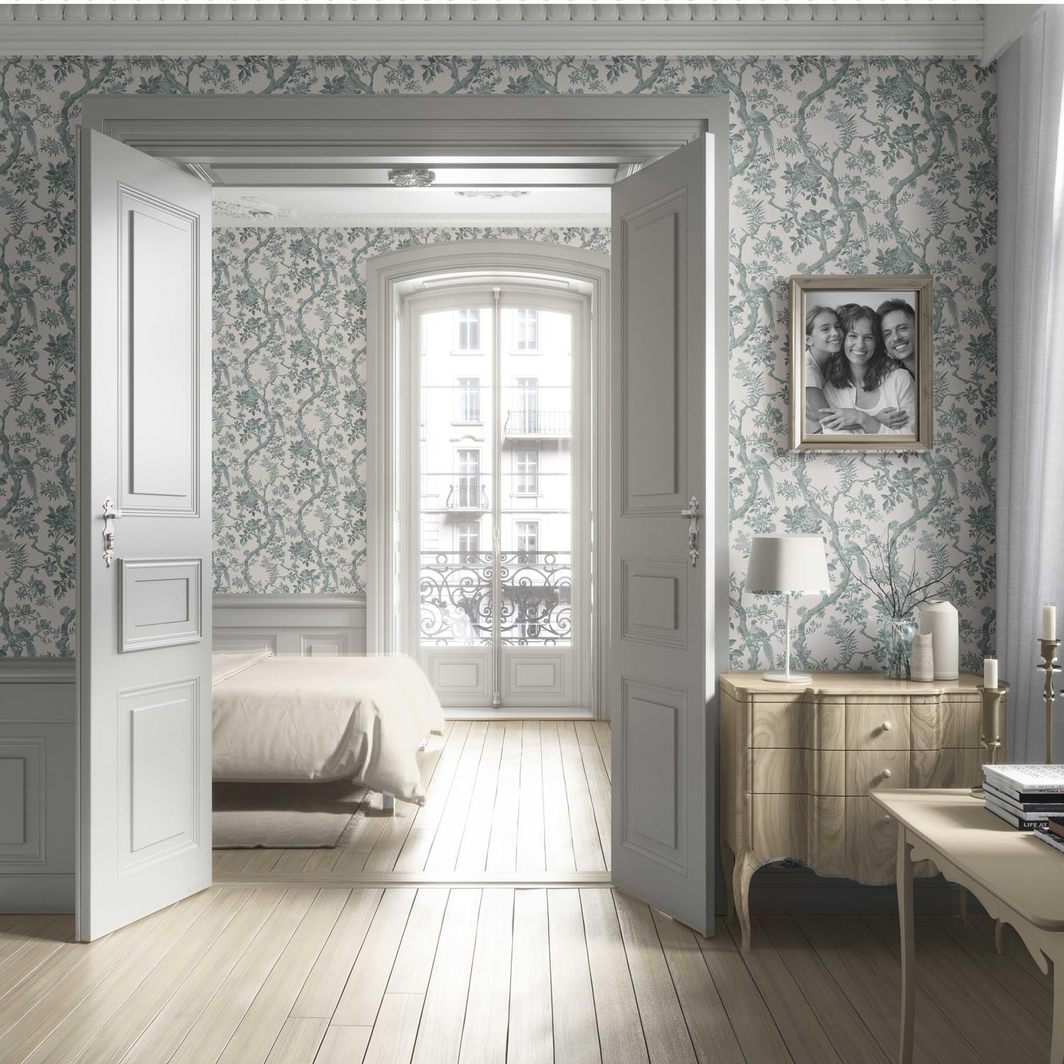 Floral Toile/ Bird Print Chinoiserie Living Room Wallpaper Sample (Gray-Green)