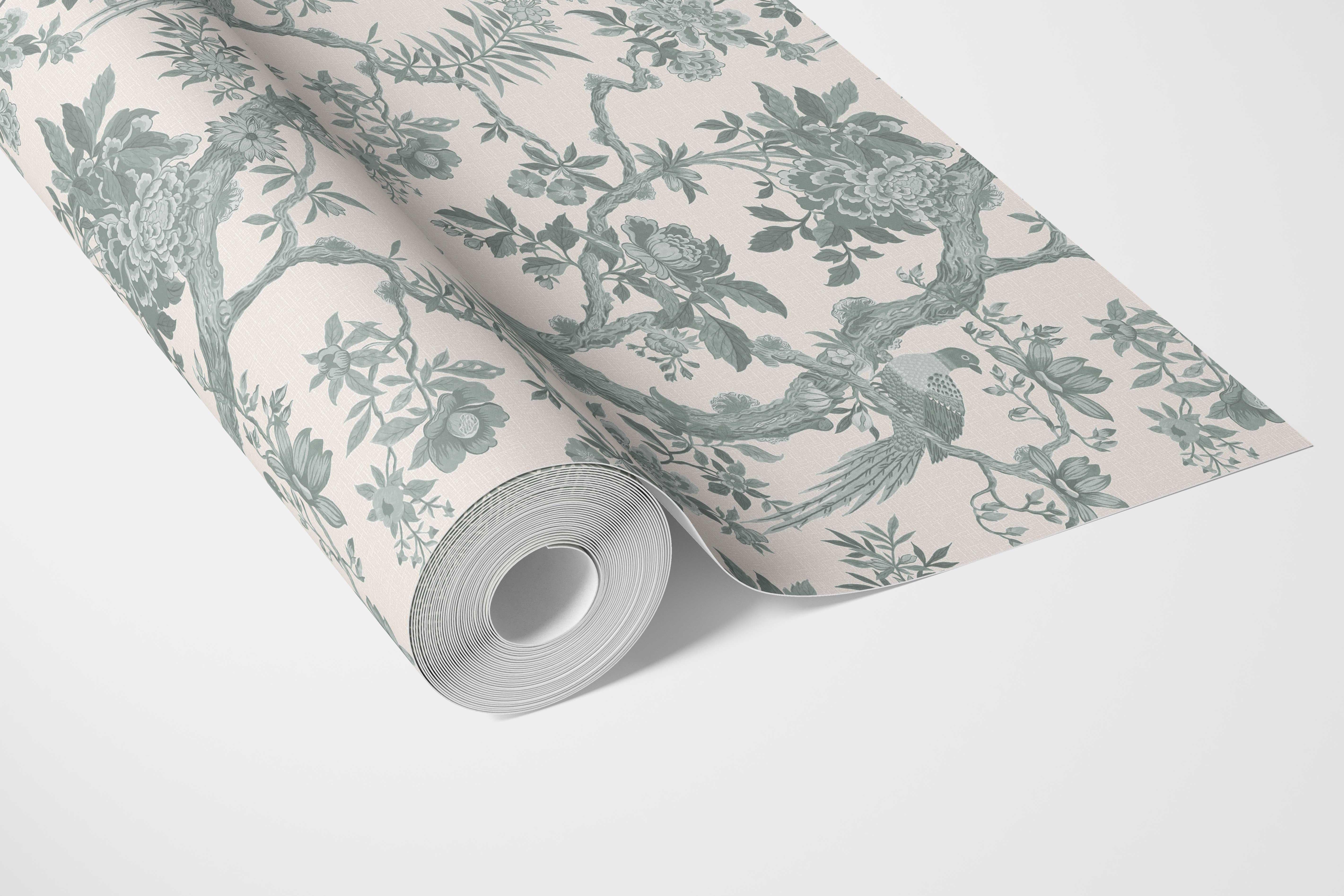 Floral Toile/ Bird Print Chinoiserie Bathroom Wallpaper Sample (Gray-Green)