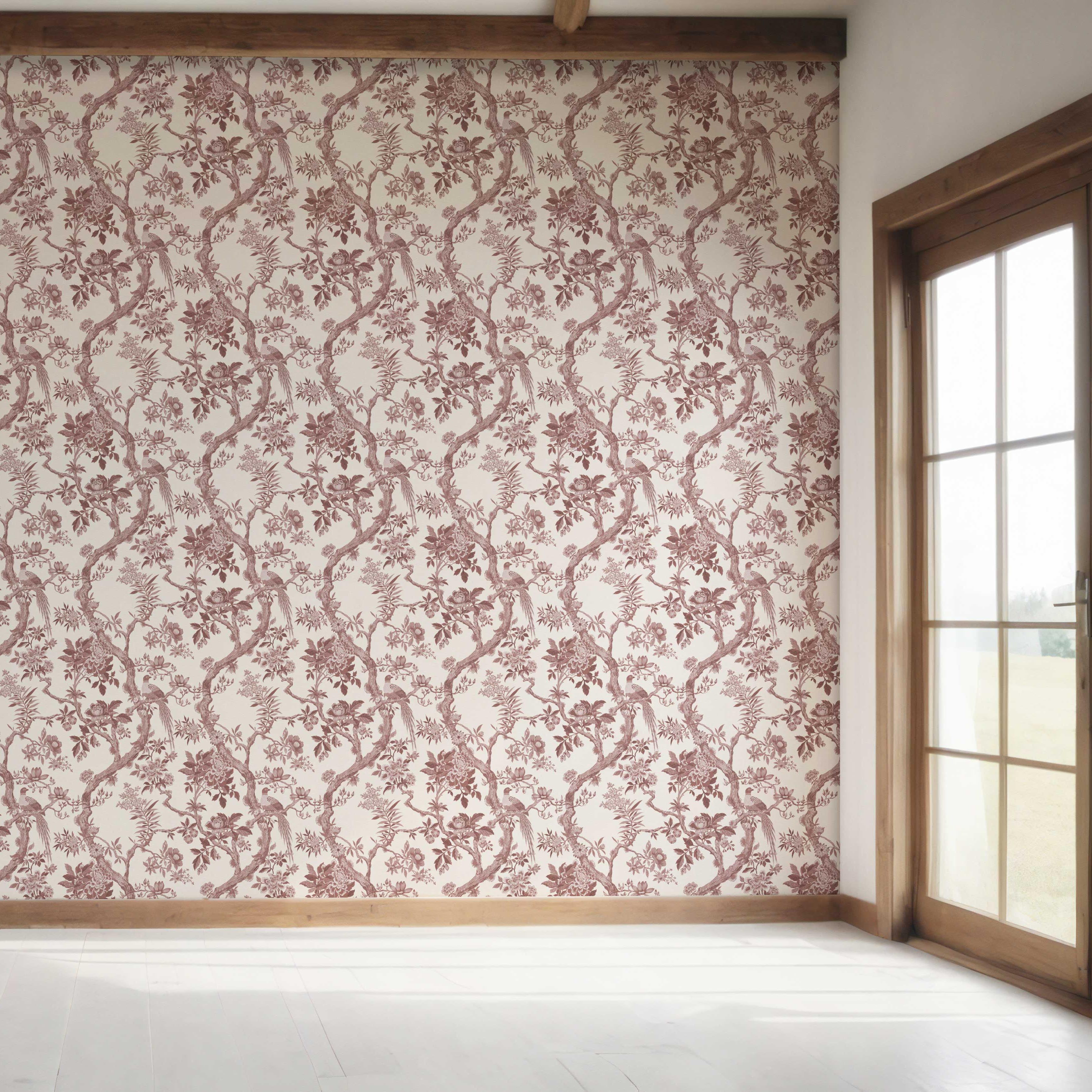 Floral Toile/ Bird Print Chinoiserie Bedroom Wallpaper Sample (Brick Red/ Burgundy)
