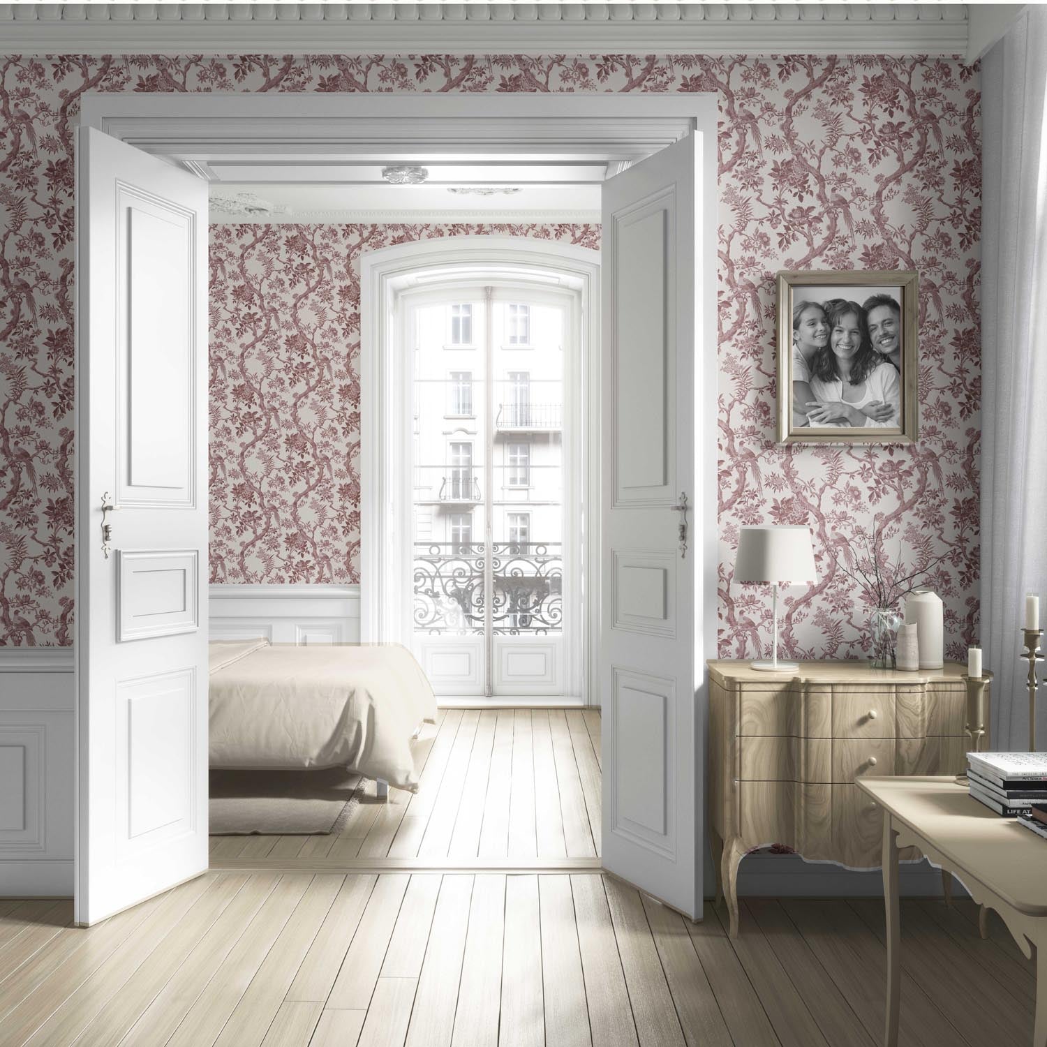 Floral Toile/ Bird Print Chinoiserie Living Room Wallpaper (Brick Red/ Burgundy)