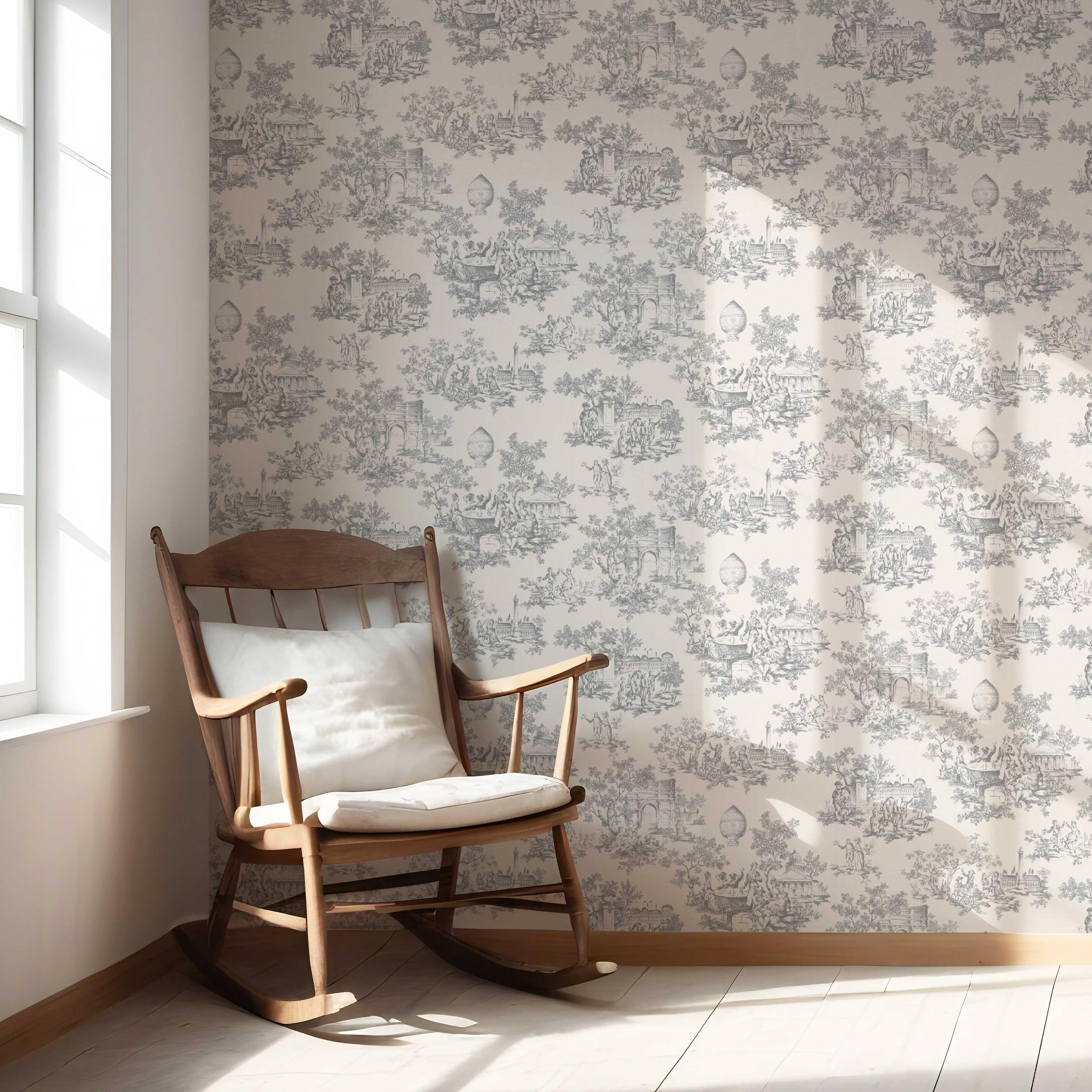 Toile de Jouy/ Nature Print Nursery Wallpaper Sample (Dove Gray/ Off-White)