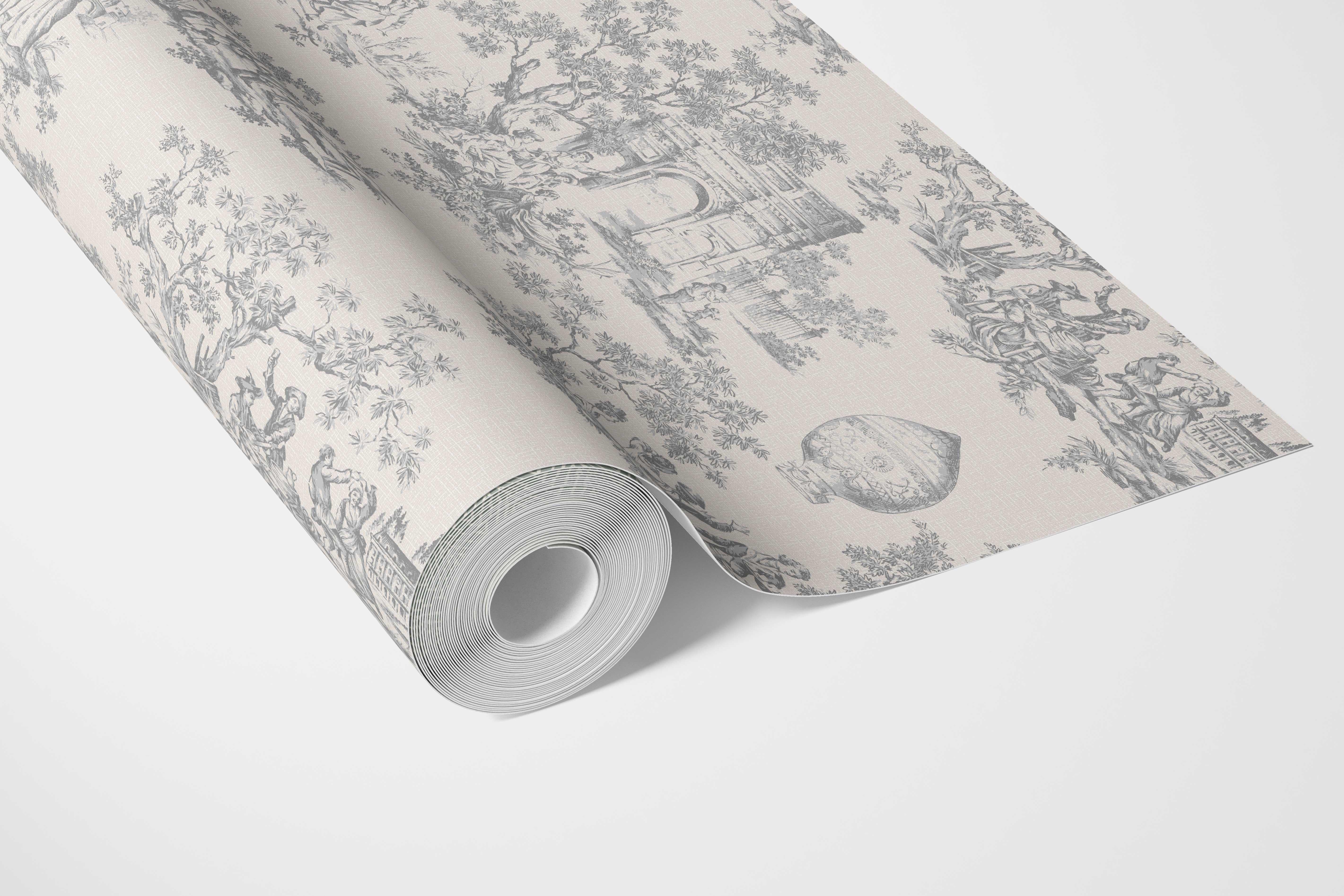 Toile de Jouy/ Nature Print Bathroom Wallpaper (Dove Gray/ Off-White)