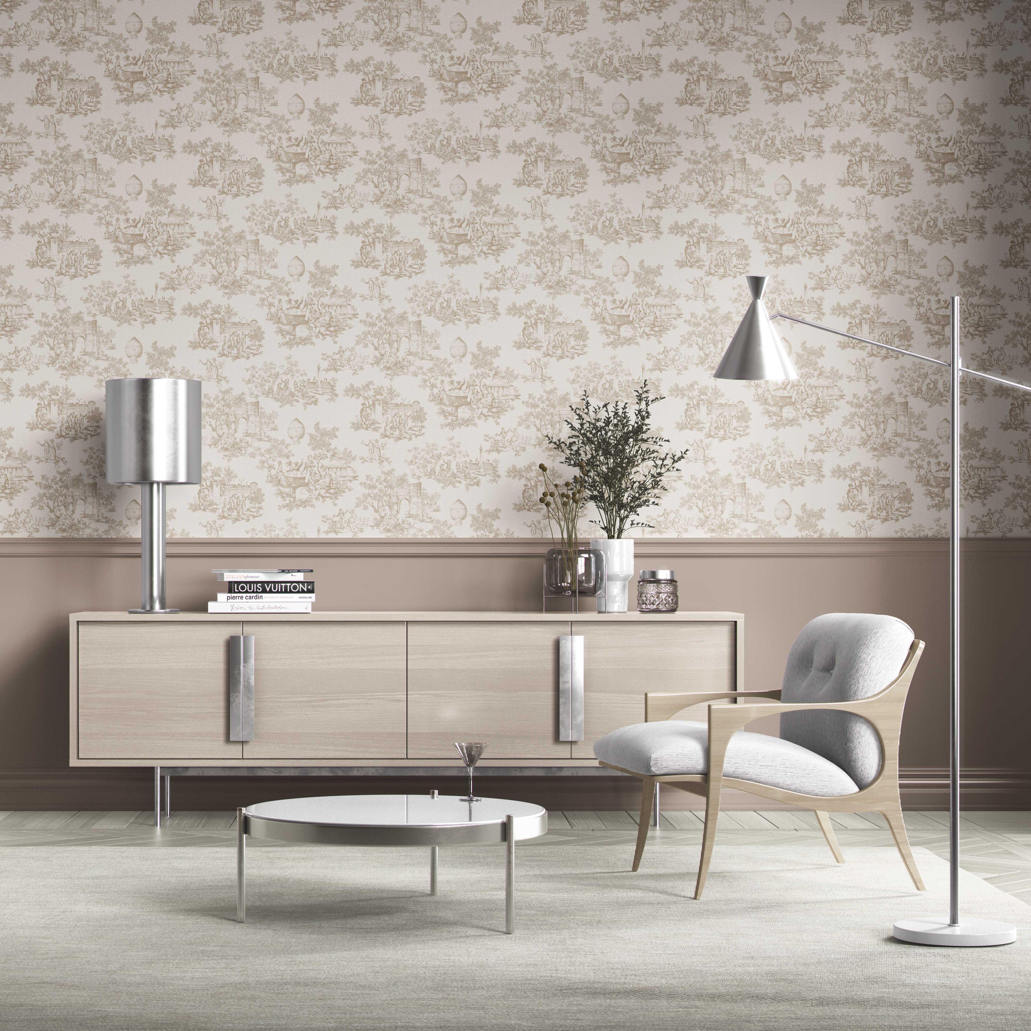 Toile de Jouy/ Nature Print Kitchen Wallpaper (Beige/ Brown/ Taupe)