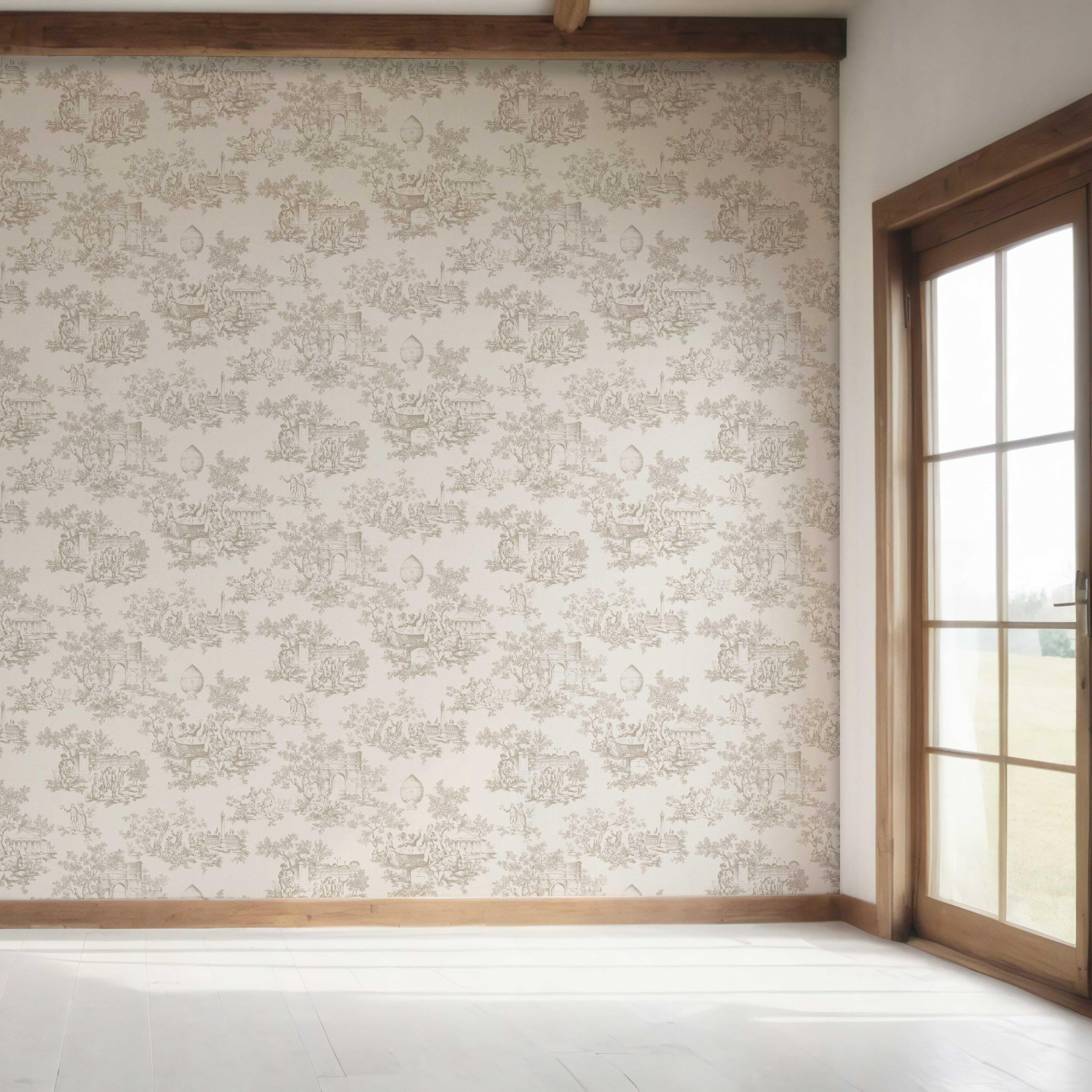 Toile de Jouy/ Nature Print Bedroom Wallpaper Sample (Beige/ Greige/ Off-White)