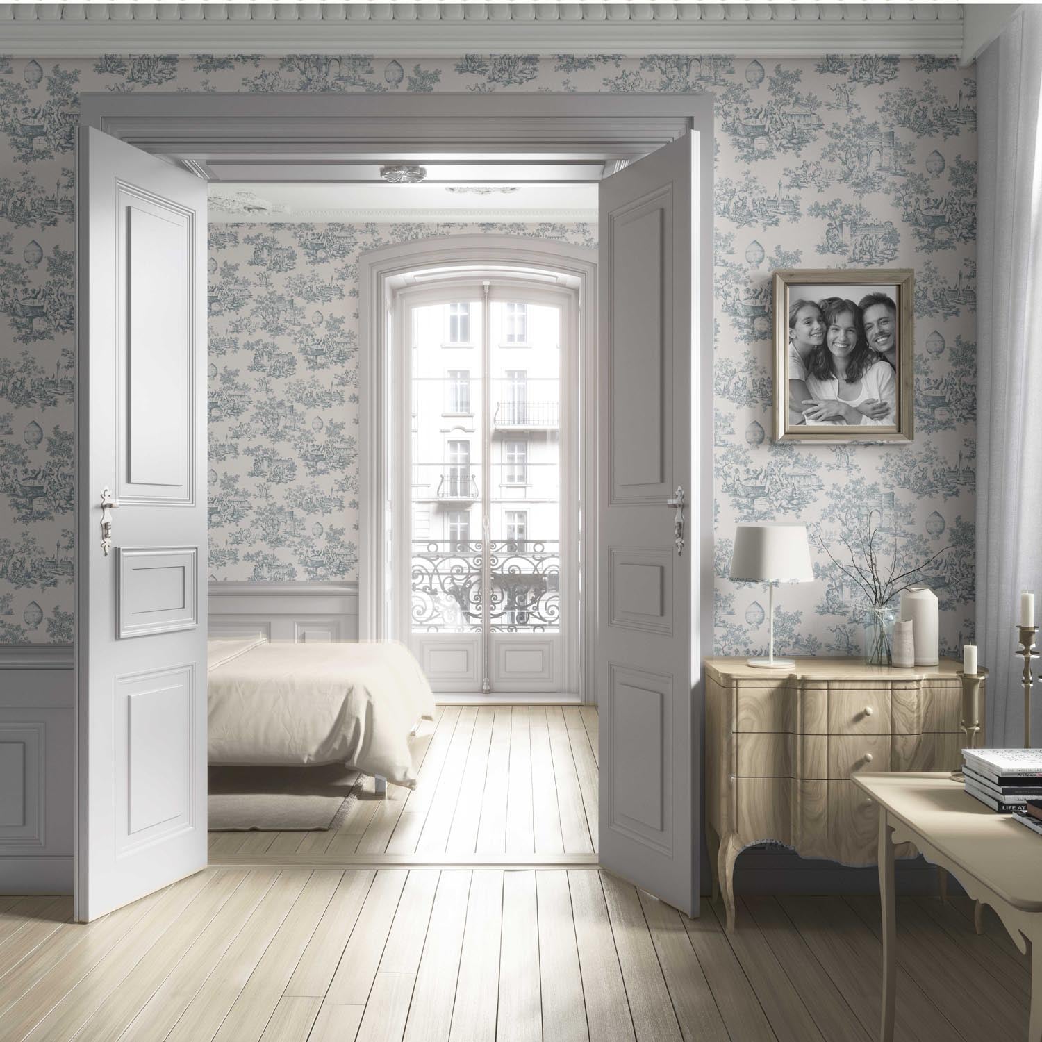 Toile de Jouy/ Nature Print Living Room Wallpaper Sample (Blue/ Gray/ Off-White)