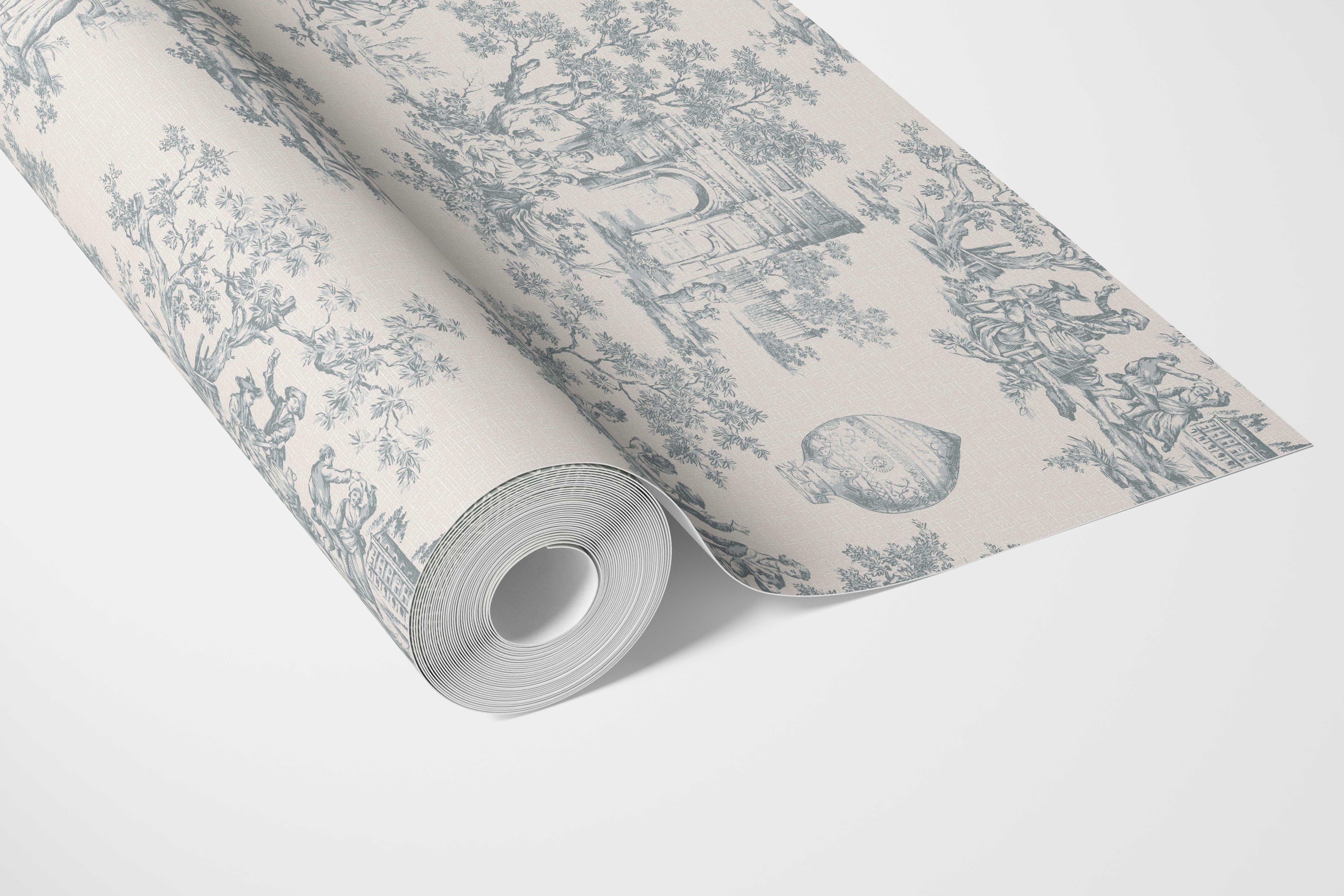 Toile de Jouy/ Nature Print Bathroom Wallpaper (Blue/ Gray/ Off-White)