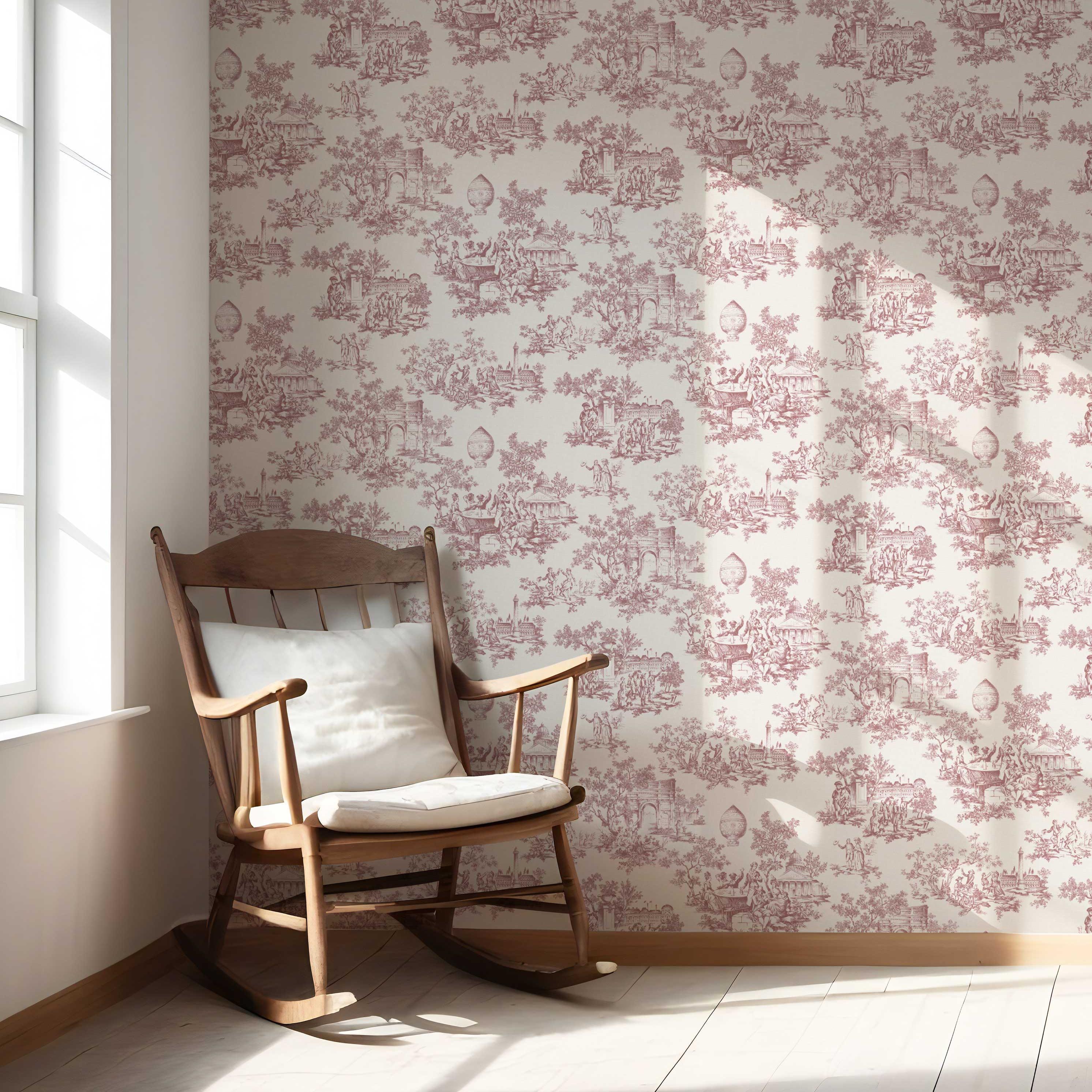 Toile de Jouy/ Nature Print Nursery Wallpaper Sample (Pink/ Off-White)