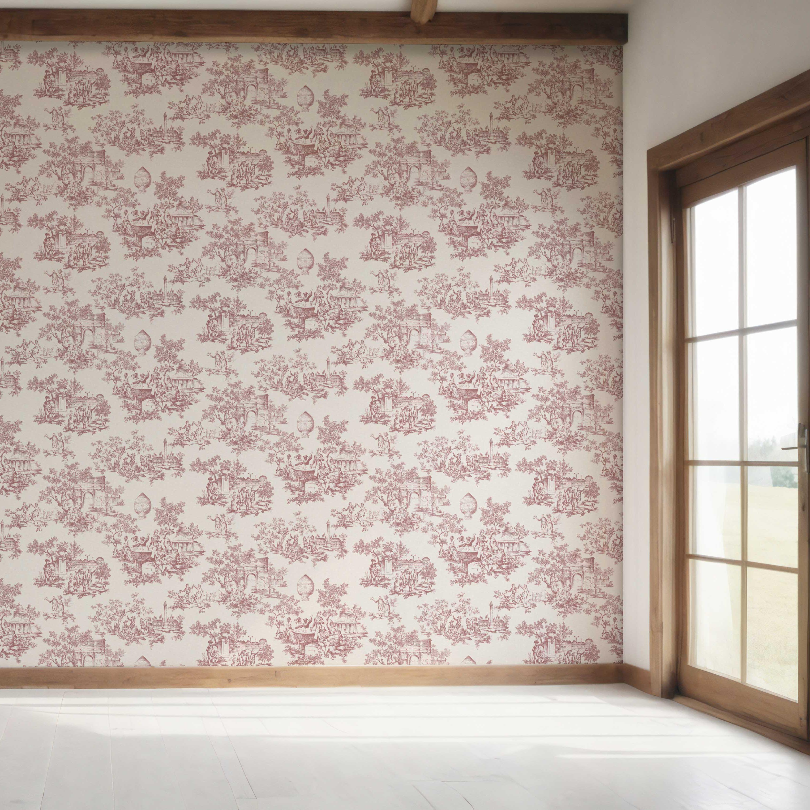 Toile de Jouy/ Nature Print Bedroom Wallpaper Sample (Pink/ Off-White)