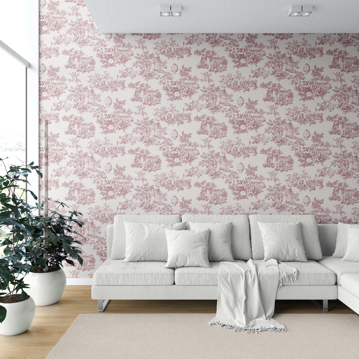 Toile de Jouy/ Nature Print Shower Toilet Wallpaper Sample (Pink/ Off-White)