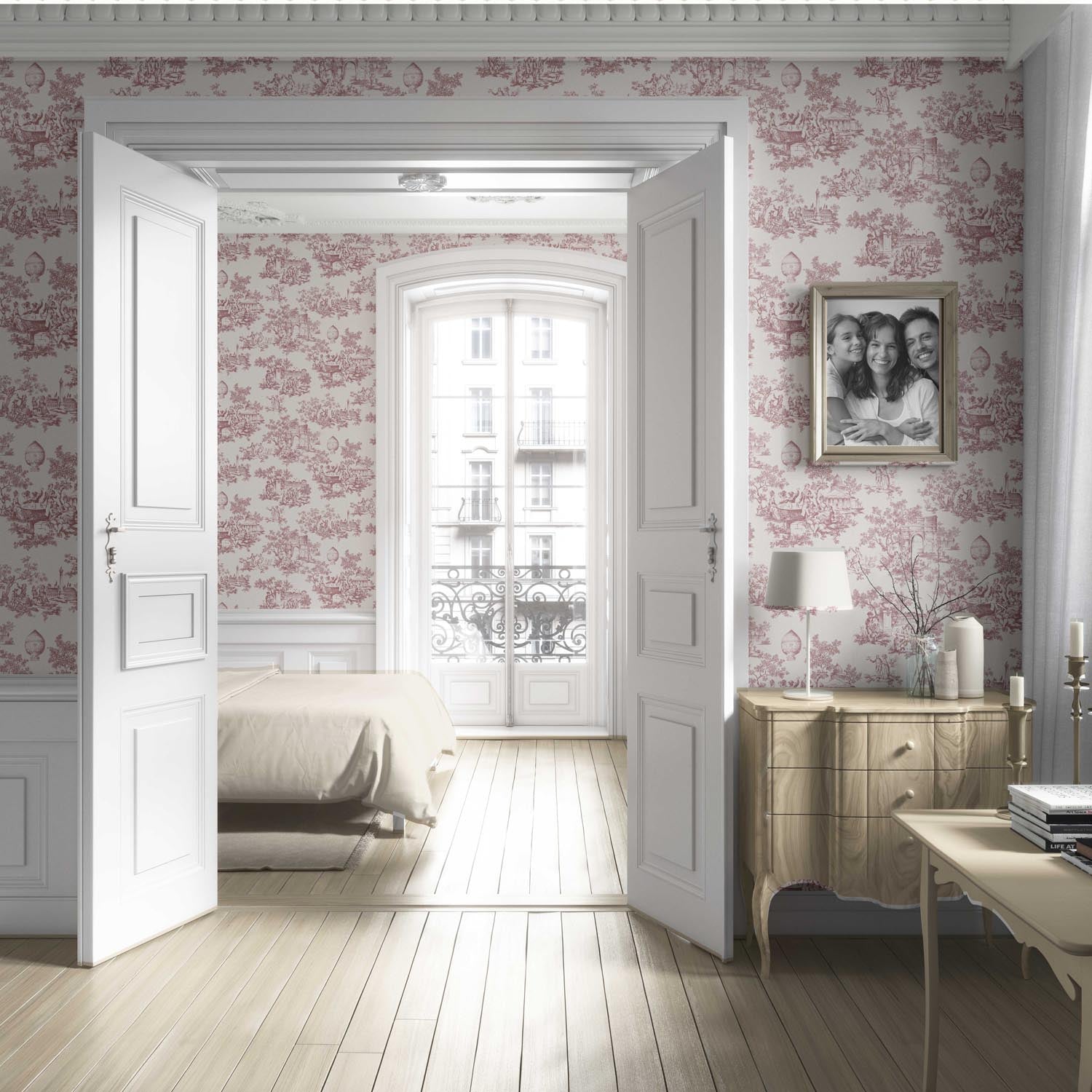 Toile de Jouy/ Nature Print Living Room Wallpaper Sample (Pink/ Off-White)