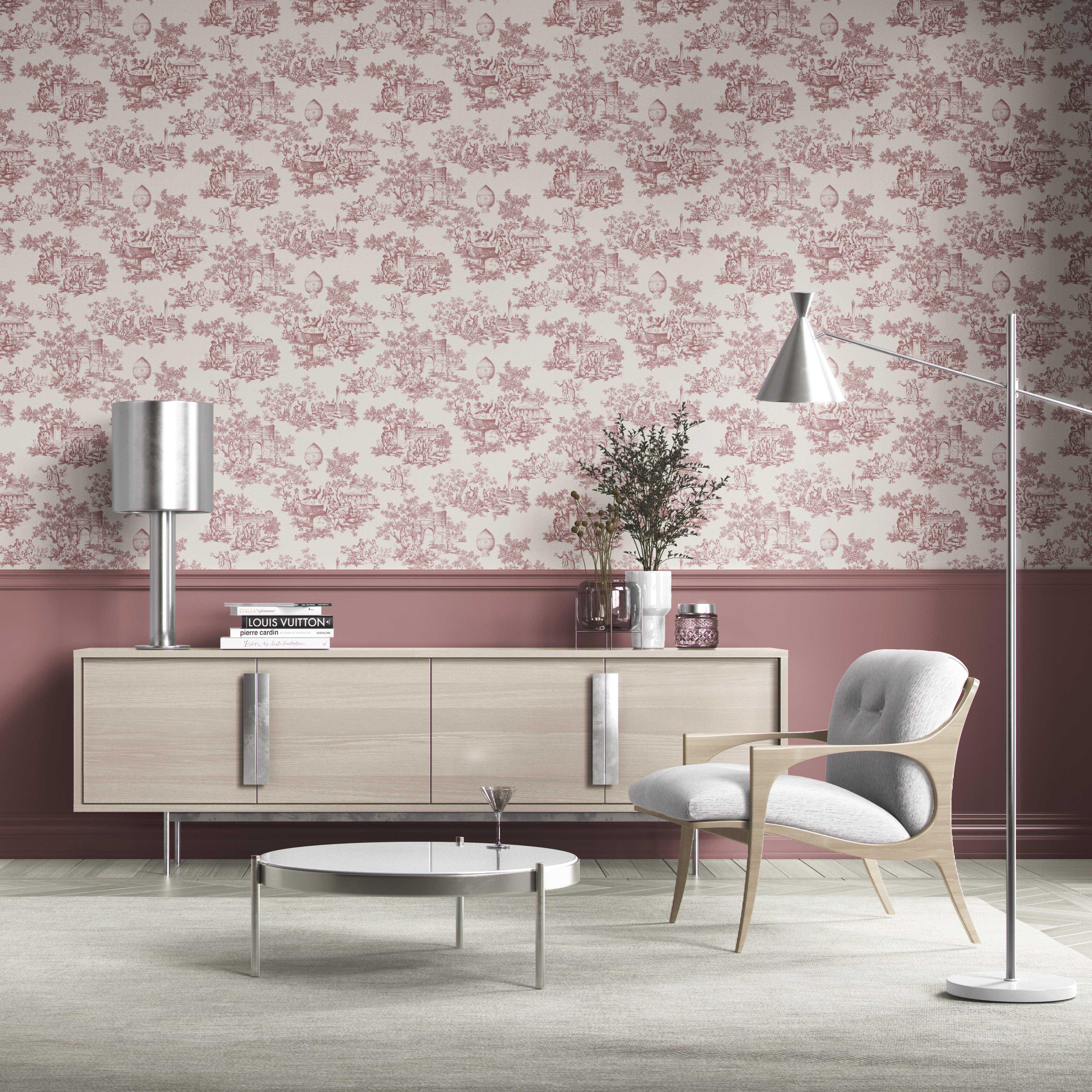 Toile de Jouy/ Nature Print Kitchen Wallpaper Sample (Pink/ Off-White)