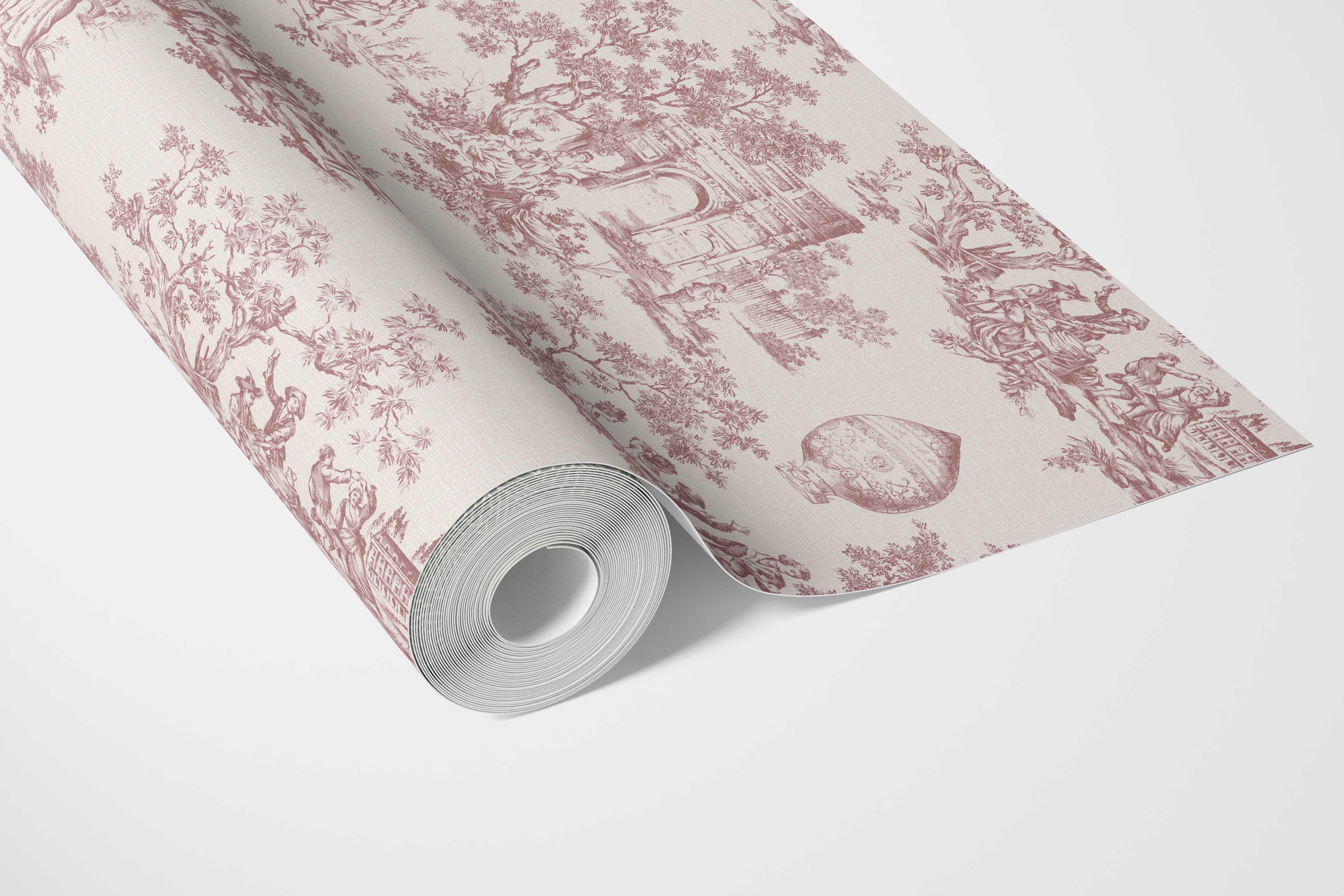 Toile de Jouy/ Nature Print Bathroom Wallpaper Sample (Pink/ Off-White)