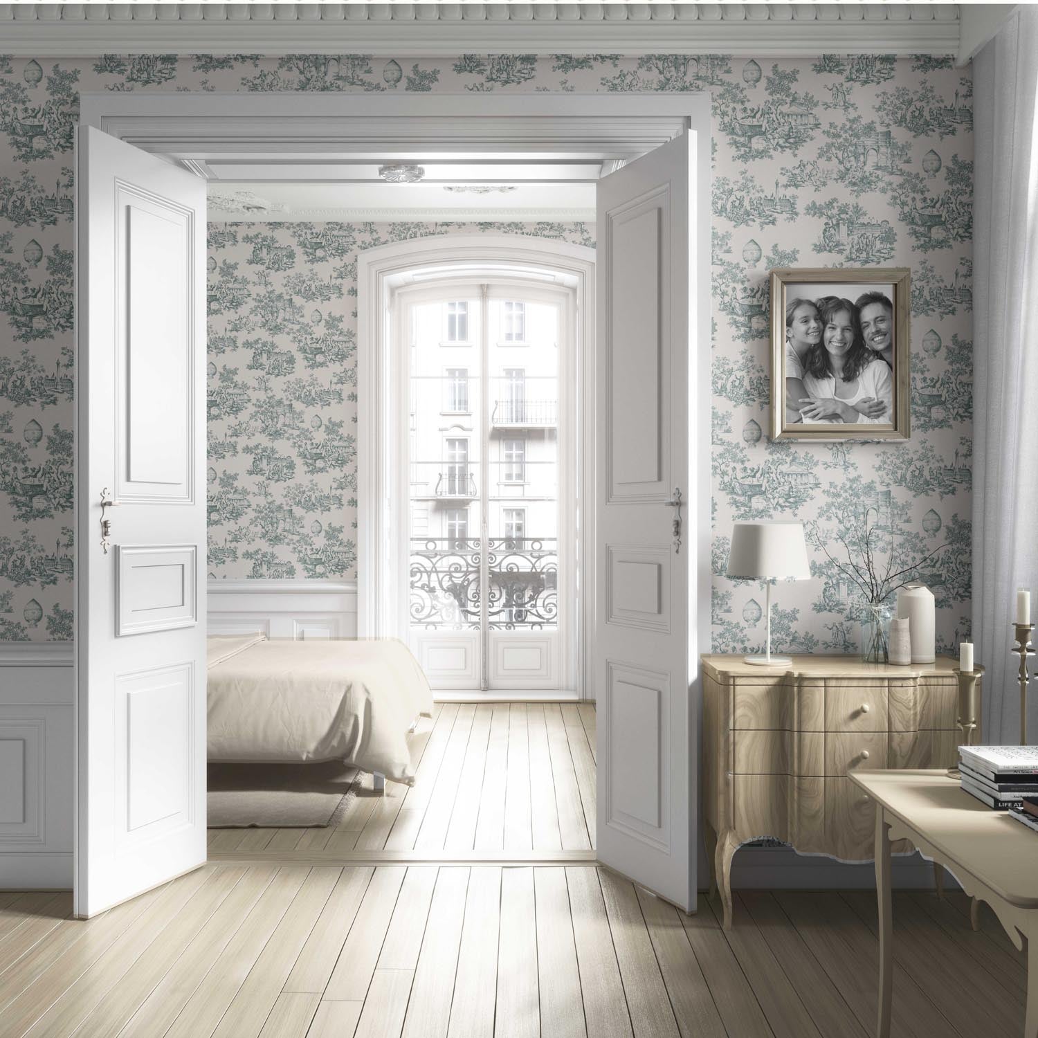 Toile de Jouy/ Nature Print Living Room Wallpaper (Duck Egg Blue/ Off-White)