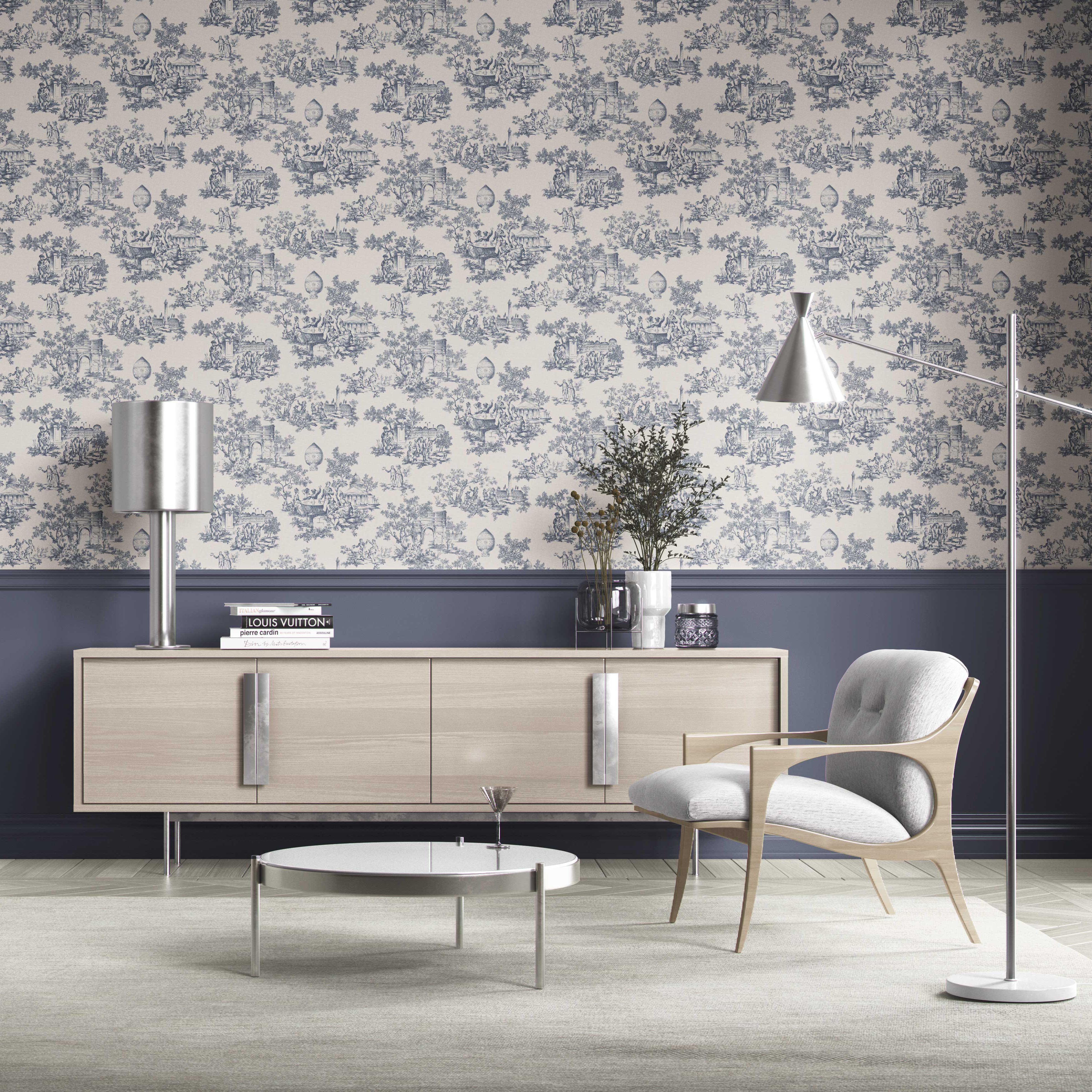 Toile de Jouy/ Nature Print Kitchen Wallpaper (Navy Blue/ Off-White)