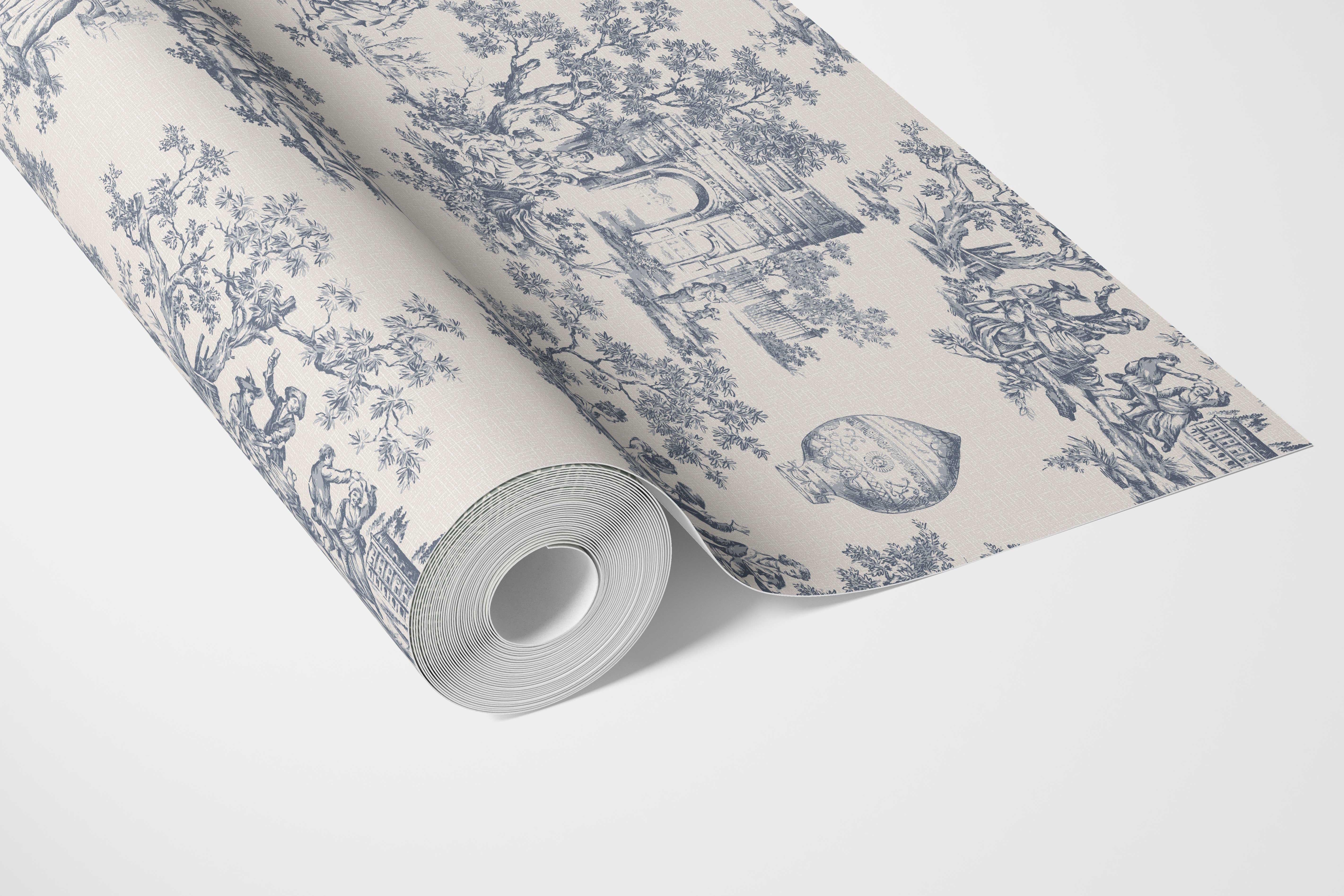 Toile de Jouy/ Nature Print Bathroom Wallpaper Sample (Navy Blue/ Off-White)